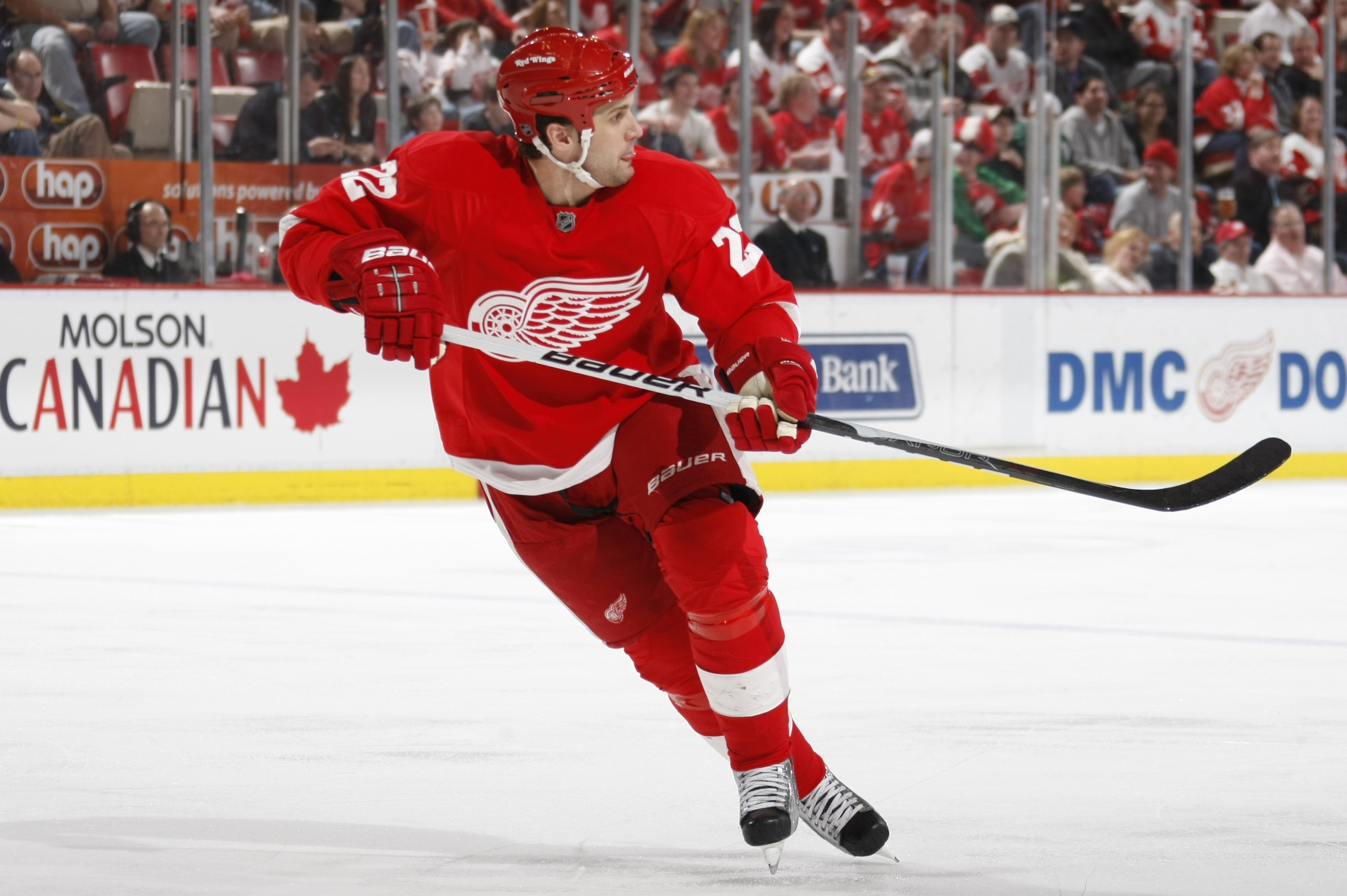 DETROIT - MARCH 11:  Brett Lebda #22 of the Detroit Red Wings skates against the Minnesota Wild during their NHL game on March 11, 2010 at Joe Louis Arena in Detroit, Michigan. (Photo by Gregory Shamus/Getty Images)