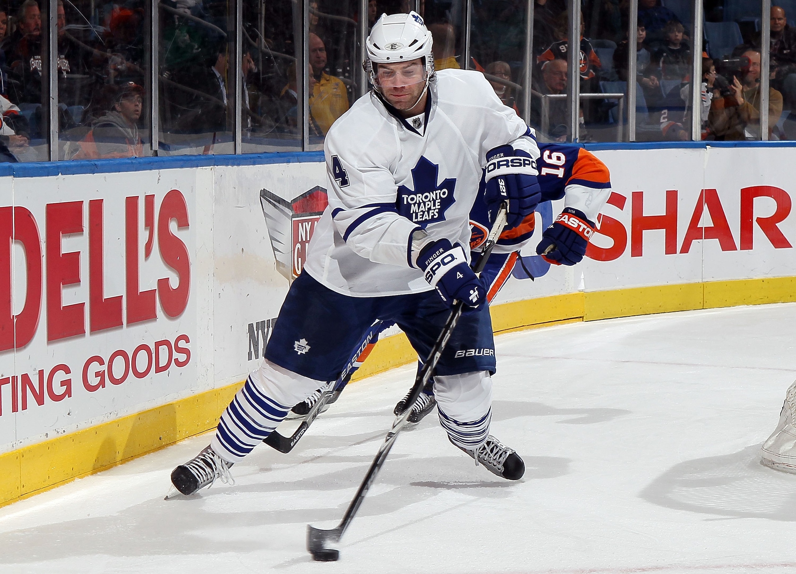 UNIONDALE, NY - MARCH 14:  Jeff Finger #4 of the Toronto Maple Leafs skates against the New York Islanders on March 14, 2010 at Nassau Coliseum in Uniondale, New York. The Isles defeated the Leafs 4-1.  (Photo by Jim McIsaac/Getty Images)