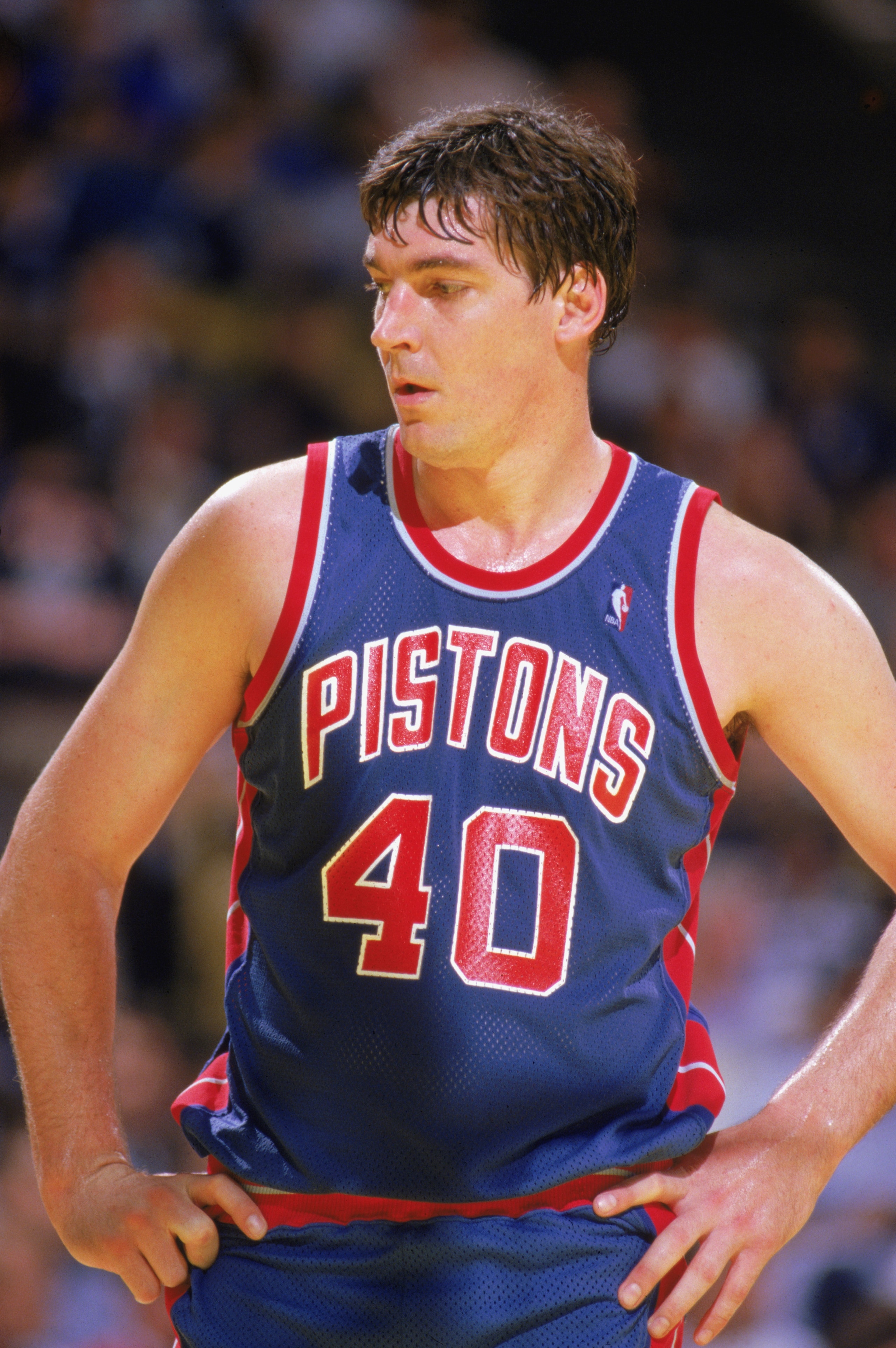 1988:  Bill Laimbeer #40 of the Detroit Pistons looks on in a game during the 1988-1989 NBA season.  (Photo by Stephen Dunn/Getty Images)