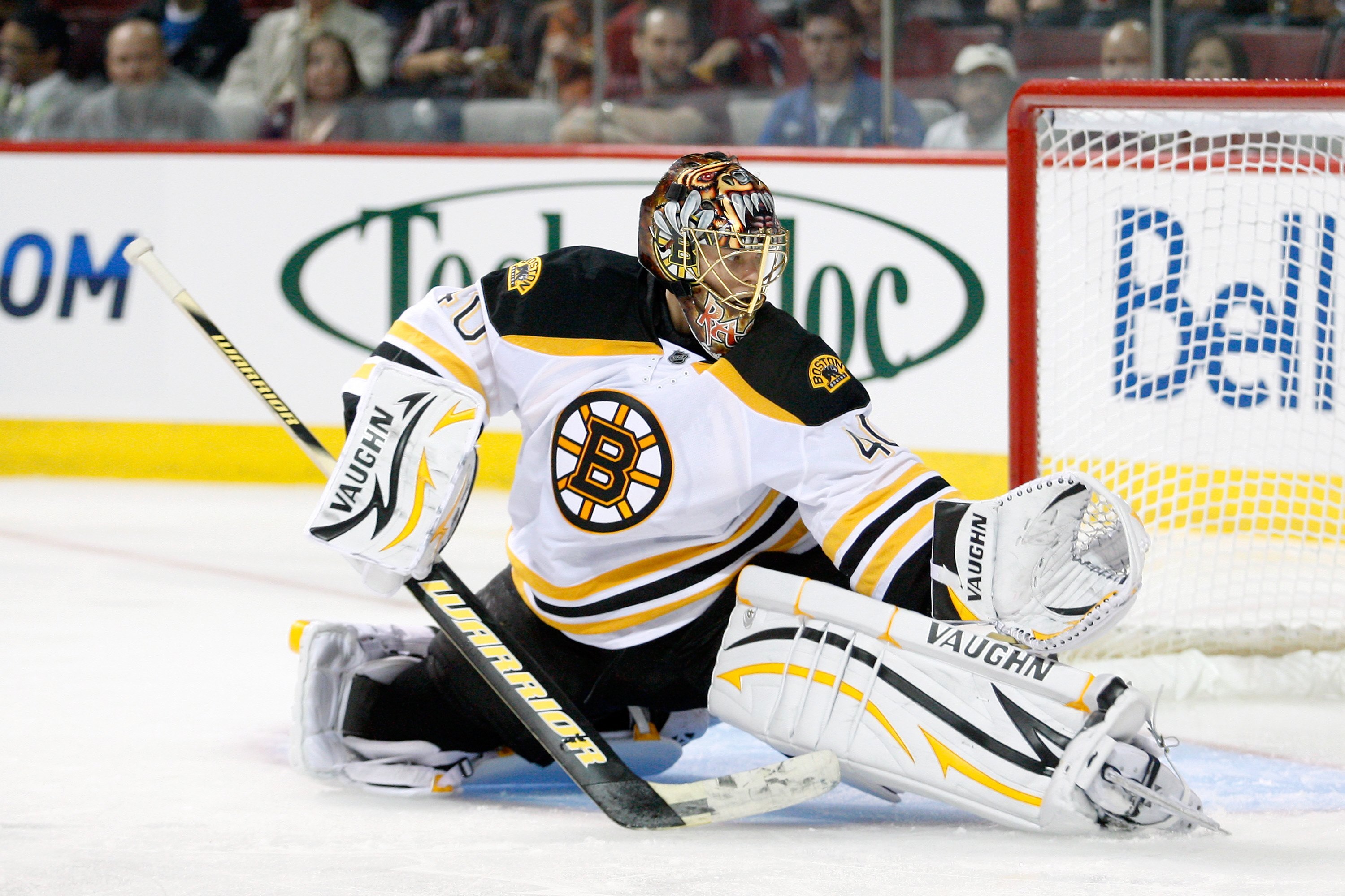 MONTREAL- SEPTEMBER 22:  Tuukka Rask #40 of the Boston Bruins stretches out to stop the puck during an NHL pre-season game against the Montreal Canadiens at the Bell Centre on September 22, 2010 in Montreal, Quebec, Canada.  The Bruins defeated the Canadi