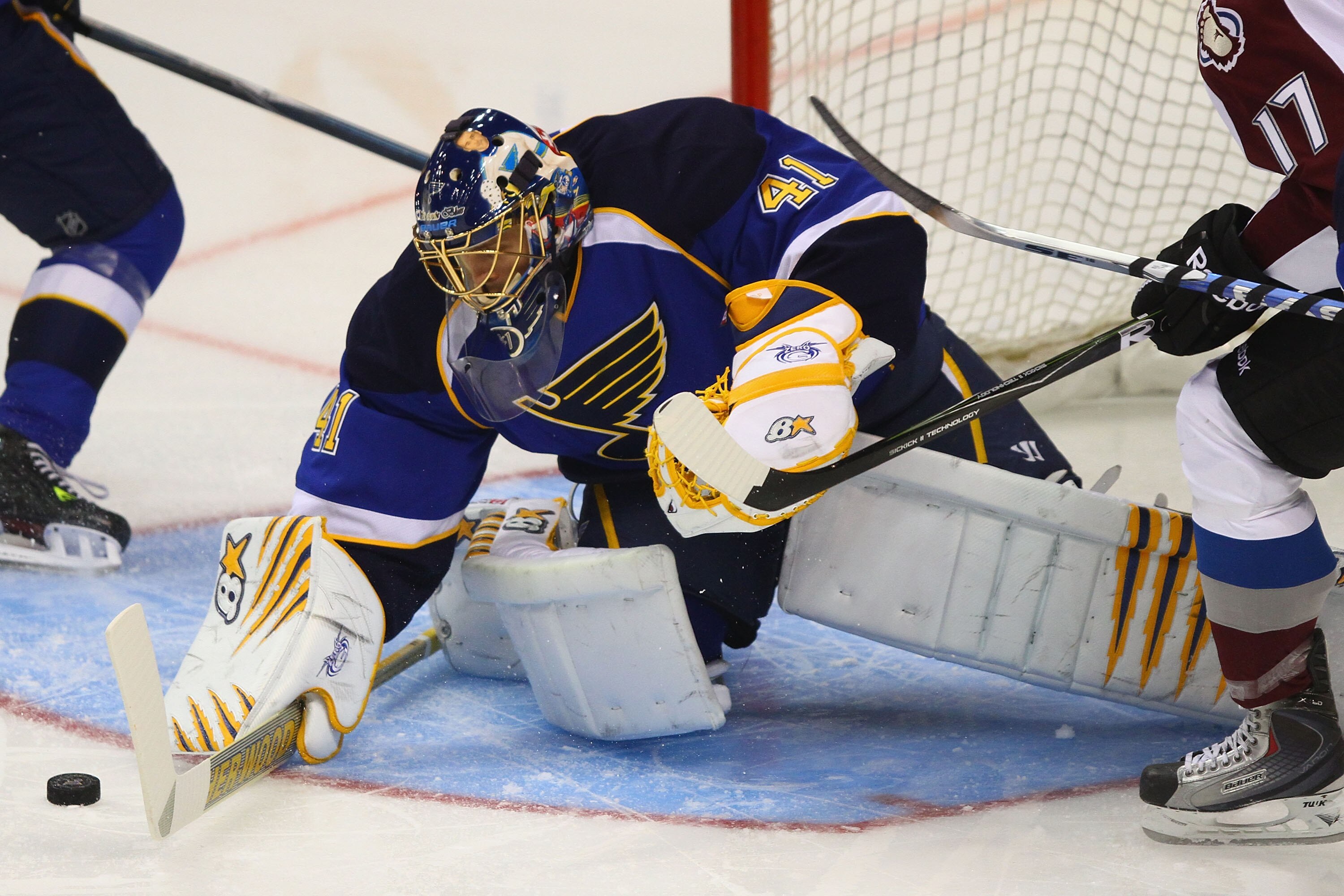 ST. LOUIS - SEPTEMBER 21: Jaroslav Halak #41 of the St. Louis Blues makes a save against the Colorado Avalanche during a pre-season game at the Scottrade Center on September 21, 2010 in St. Louis, Missouri.  (Photo by Dilip Vishwanat/Getty Images)