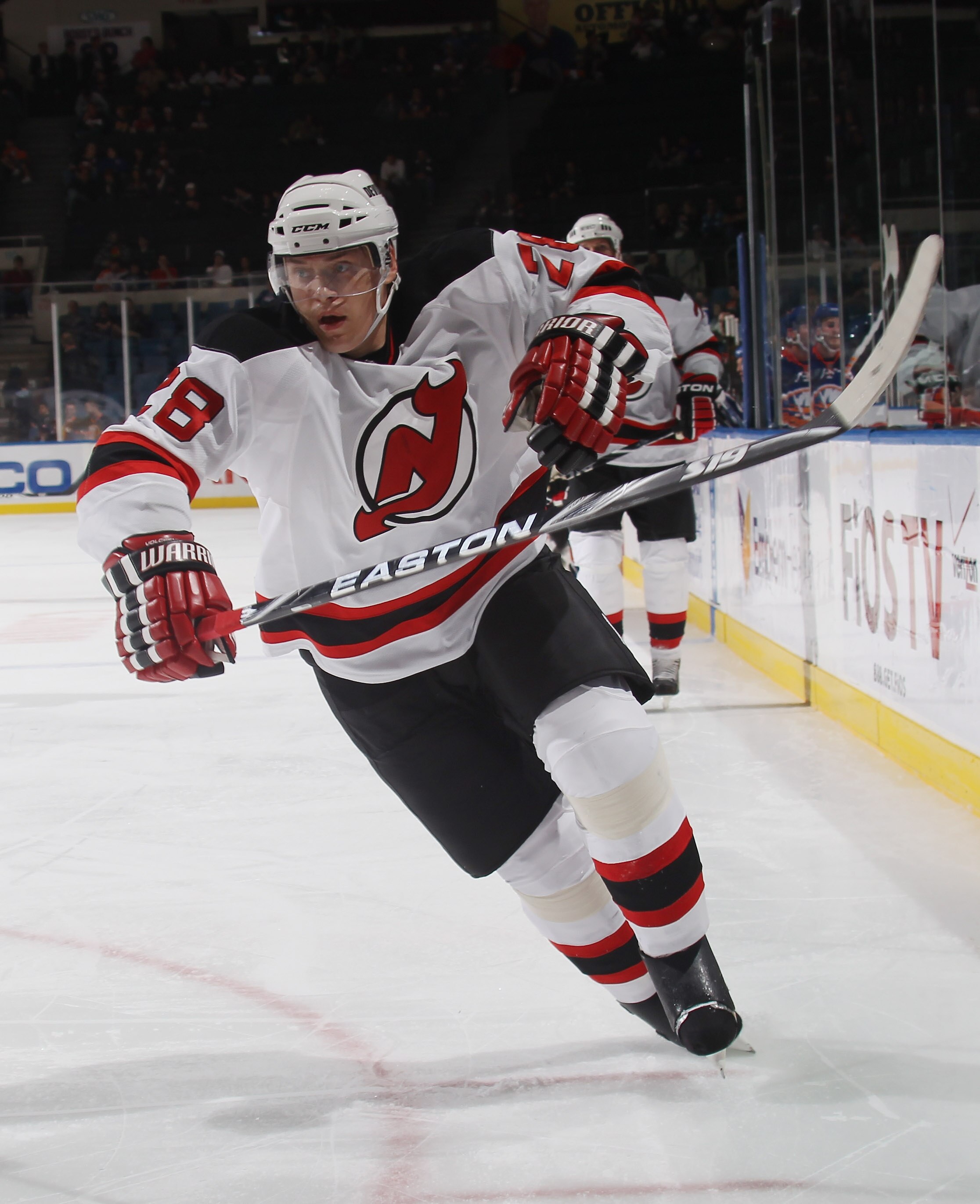 UNIONDALE, NY - OCTOBER 02: Anton Volchenkov #28 of the New Jersey Devils skates against the New York Islanders at the Nassau Veterans Memorial Coliseum on October 2, 2010 in Uniondale, New York. The Islanders defeated the Devils 2-1.  (Photo by Bruce Ben