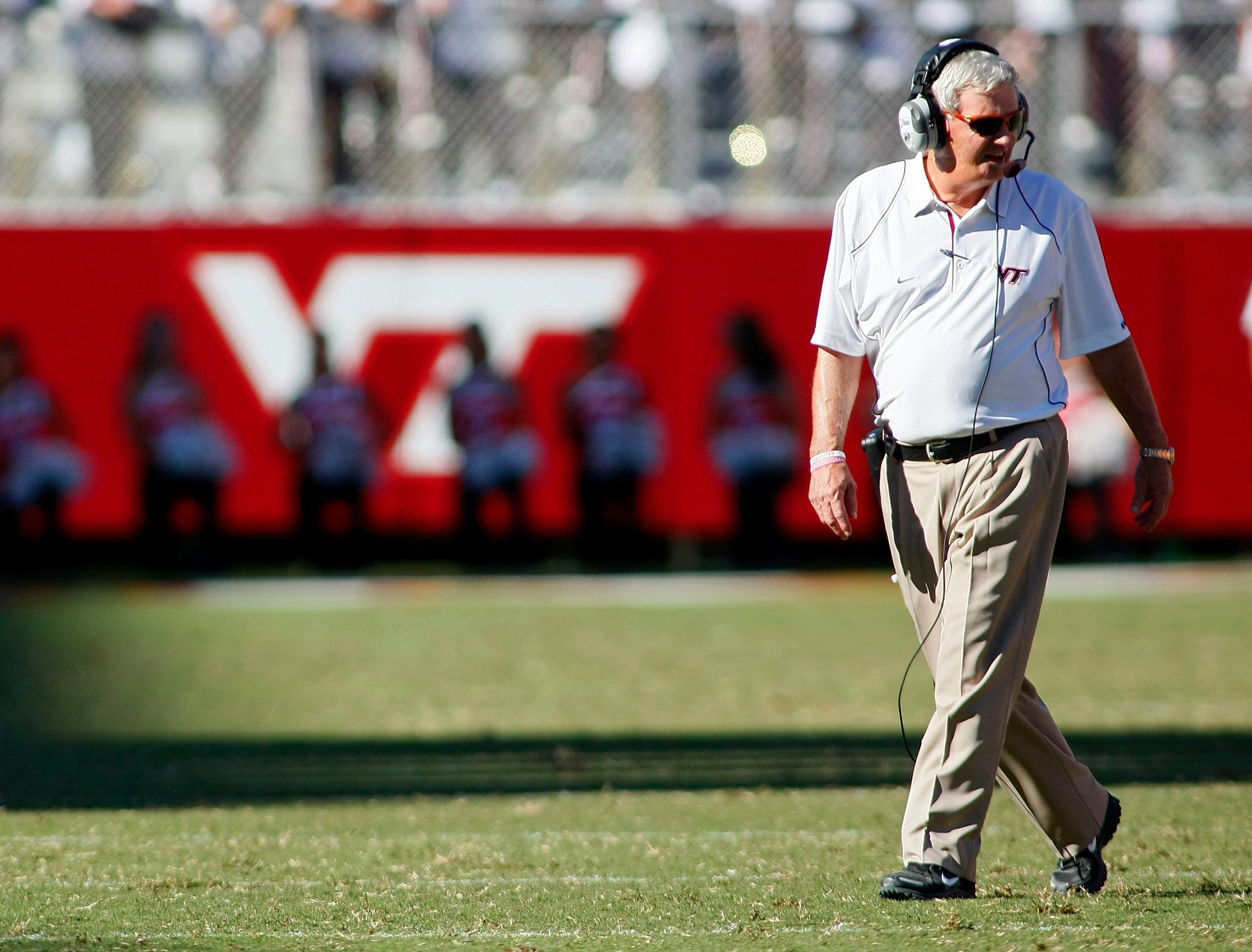 BLACKSBURG, VA - SEPTEMBER 18:  Virginia Tech Hokies head coach Frank Beamer returns to the sidelines after talking with an official against the East Carolina Pirates at Lane Stadium on September 18, 2010 in Blacksburg, Virginia.  (Photo by Geoff Burke/Ge