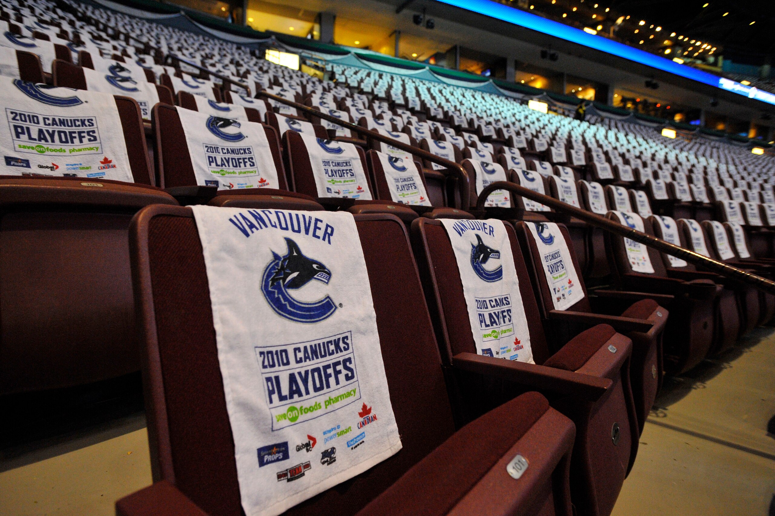 VANCOUVER, CANADA - APRIL 15: Rally towels for the fans blanket the seats prior to the start of Game One of the Western Conference Quarterfinals between the Los Angeles Kings and the Vancouver Canucks during the 2010 Stanley Cup Playoffs at General Motors VANCOUVER, CANADA - APRIL 15: Rally towels for the fans blanket the seats prior to the start of Game One of the Western Conference Quarterfinals between the Los Angeles Kings and the Vancouver Canucks during the 2010 Stanley Cup Playoffs at General Motors