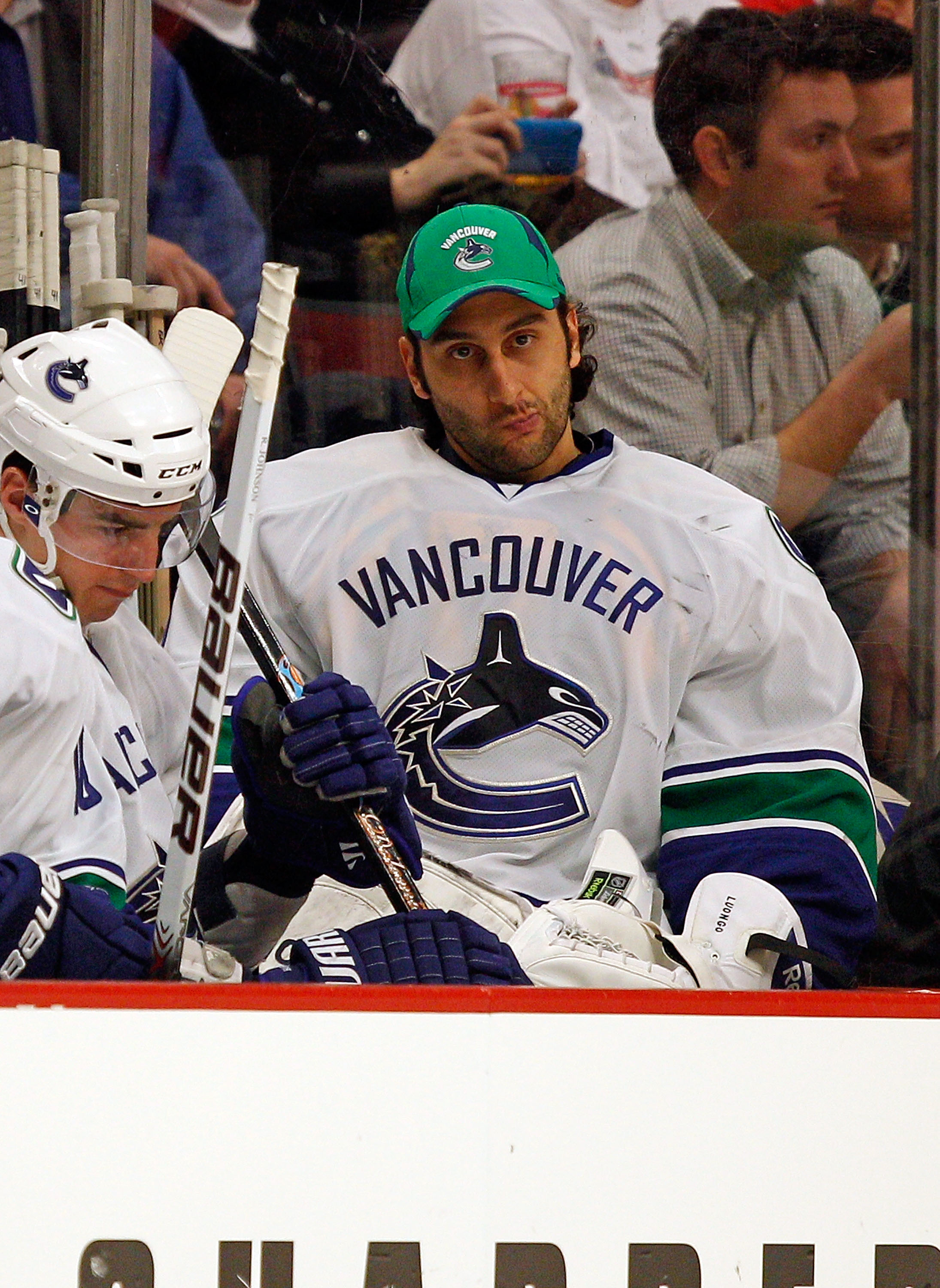 CHICAGO - MARCH 05: Roberto Luongo #1 of the Vancouver Canucks sits on the bench after being pulled from a game against the Chicago Blackhawks after the first period at the United Center on March 5, 2010 in Chicago, Illinois. The Blackhawks defeated the C