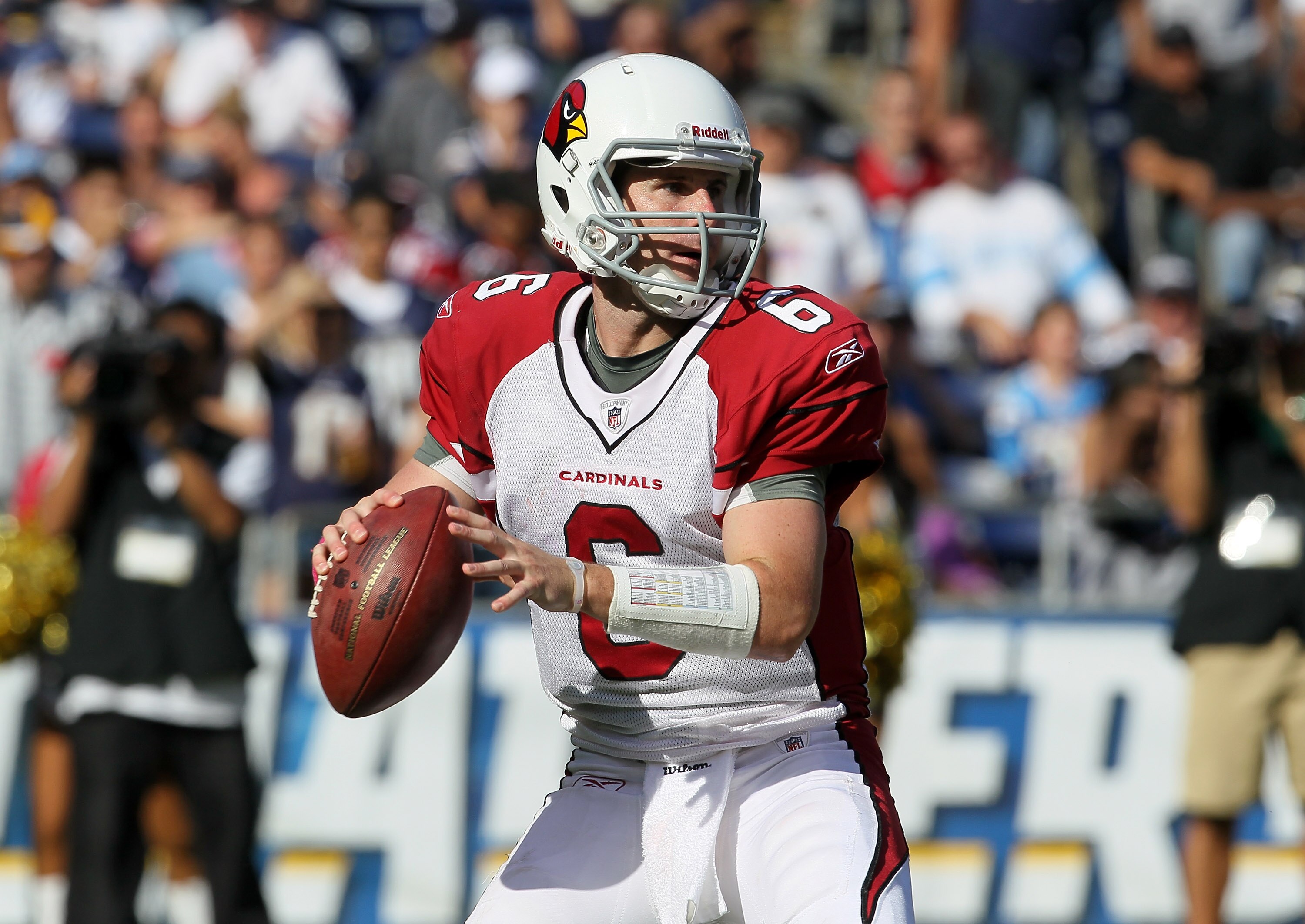 SAN DIEGO - OCTOBER 03:  Quarterback Max Hall #6 of the Arizona Cardinals drops back to pass against the San Diego Chargers at Qualcomm Stadium on October 3, 2010 in San Diego, California.  The Chargers won 41-10.  (Photo by Stephen Dunn/Getty Images)
