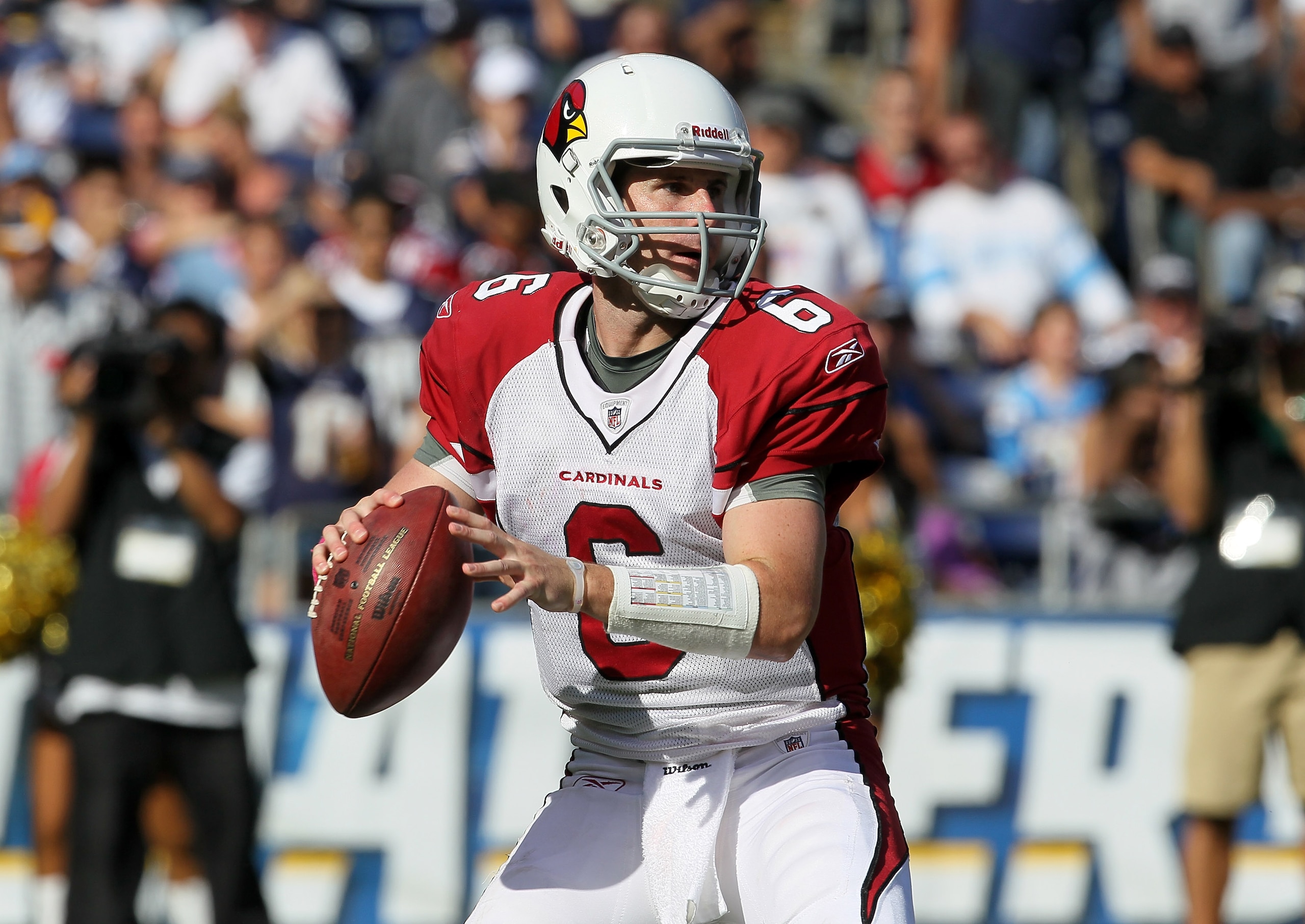 SAN DIEGO - OCTOBER 03:  Quarterback Max Hall #6 of the Arizona Cardinals drops back to pass against the San Diego Chargers at Qualcomm Stadium on October 3, 2010 in San Diego, California.  The Chargers won 41-10.  (Photo by Stephen Dunn/Getty Images)