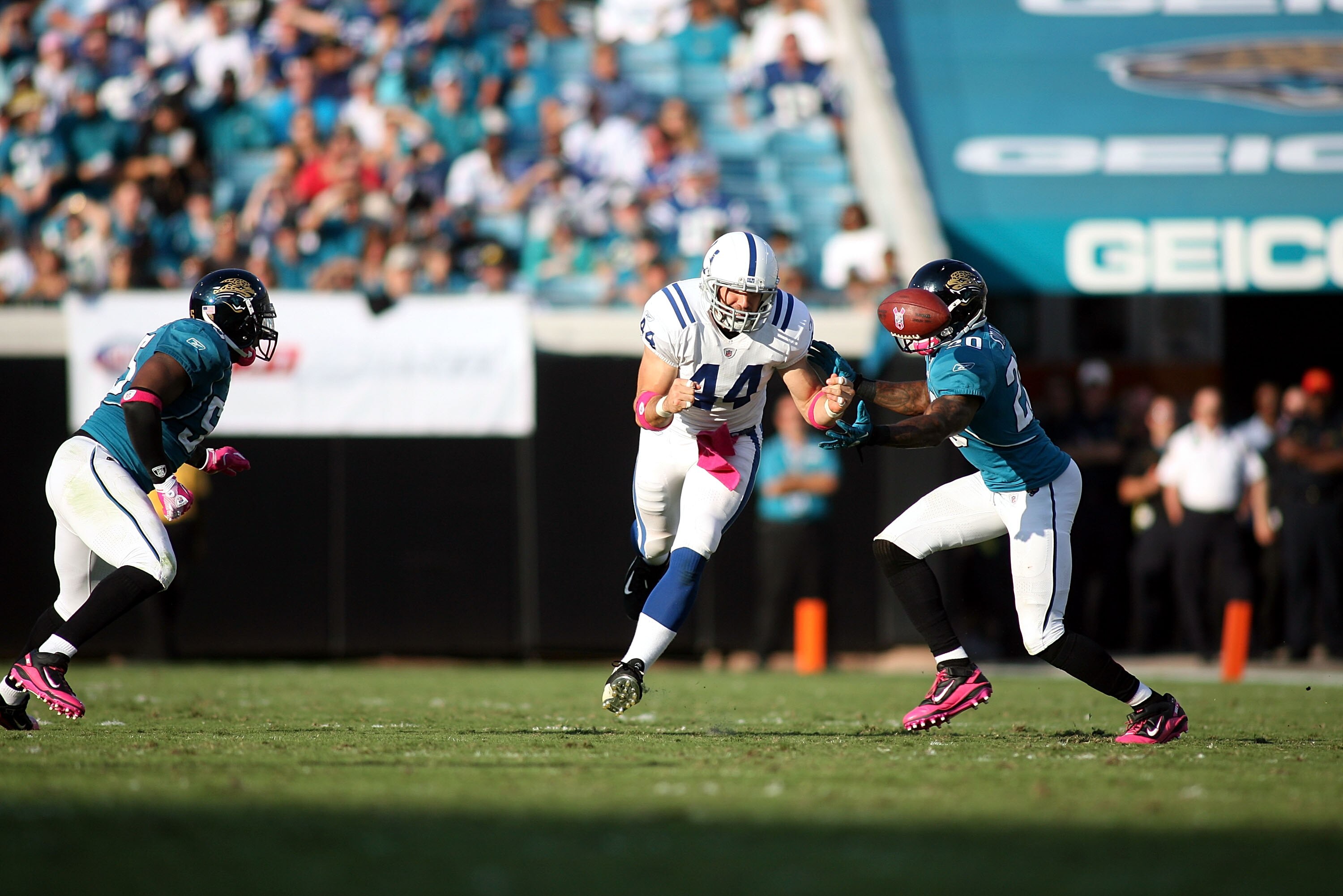 JACKSONVILLE, FL - OCTOBER 03:  Tight end Dallas Clark #44 of the Indianapolis Colts cannot hold onto a pass against the Jacksonville Jaguars at EverBank Field on October 3, 2010 in Jacksonville, Florida. The Jaguars won 31-28.  (Photo by Marc Serota/Gett