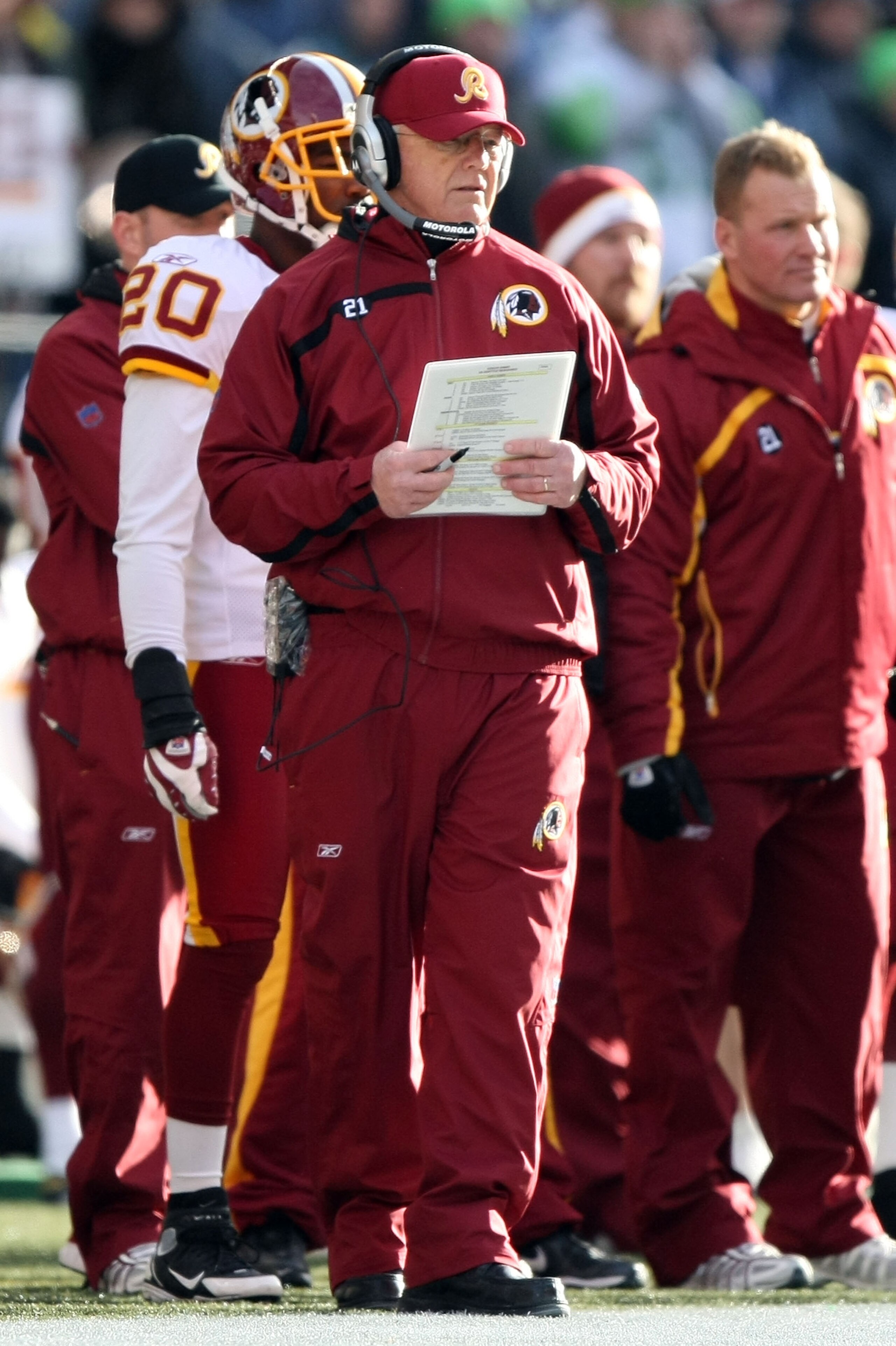 SEATTLE - JANUARY 05:  Head coach Joe Gibbs of the Washington Redskins looks on from the sideline against the Seattle Seahawks in the first quarter during the NFC Wild Card game at Qwest Field on January 5, 2008 in Seattle, Washington.  (Photo by Jed Jaco