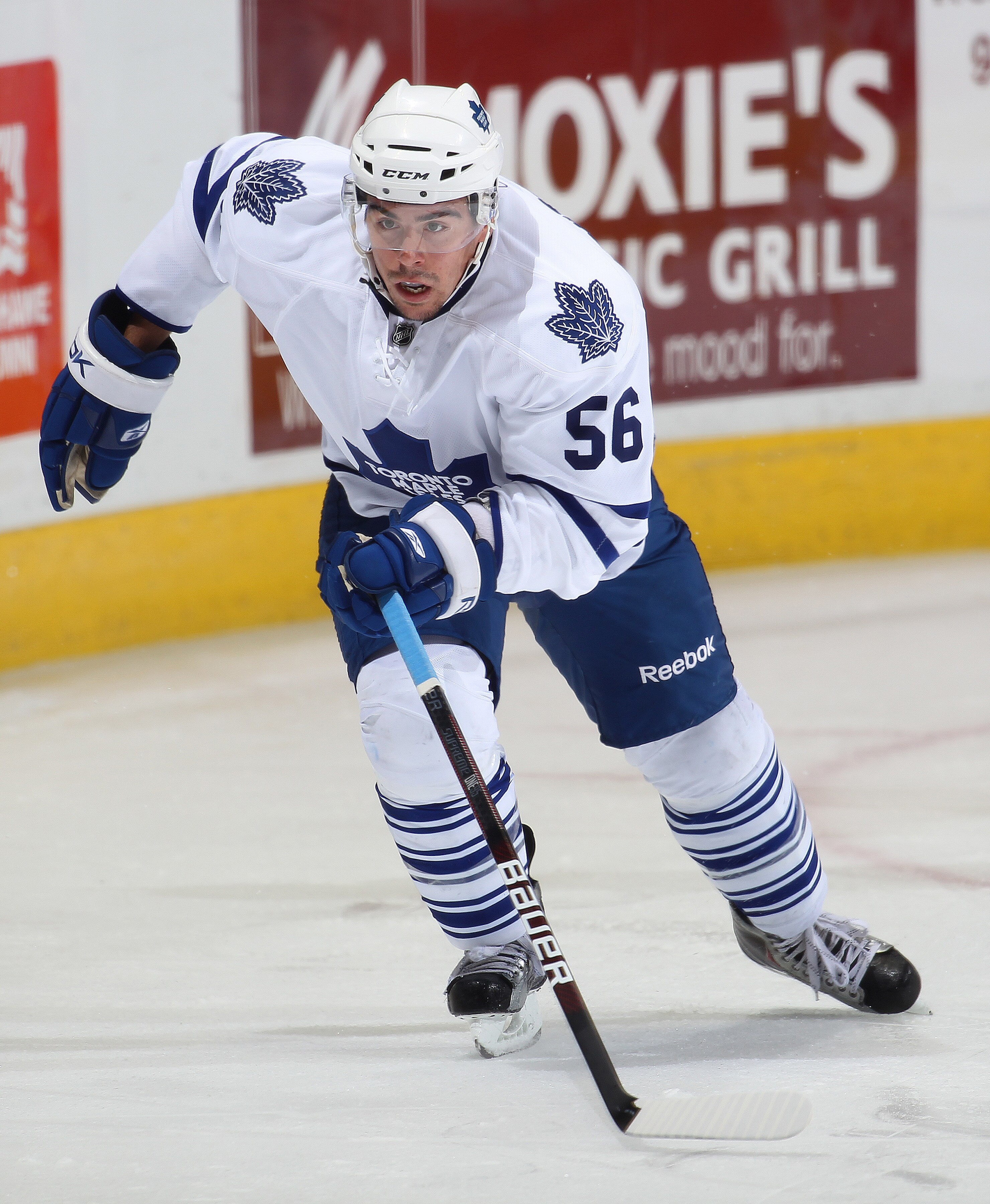 LONDON, CANADA - SEPTEMBER 11:  Dale Mitchell #56 of the Toronto Maple Leafs skates in a game against the Chicago Black Hawks during the NHL Rookie Tournament on September 11,2010 at the John Labatt Centre in London,Ontario. The Leafs defeated the Hawks 6