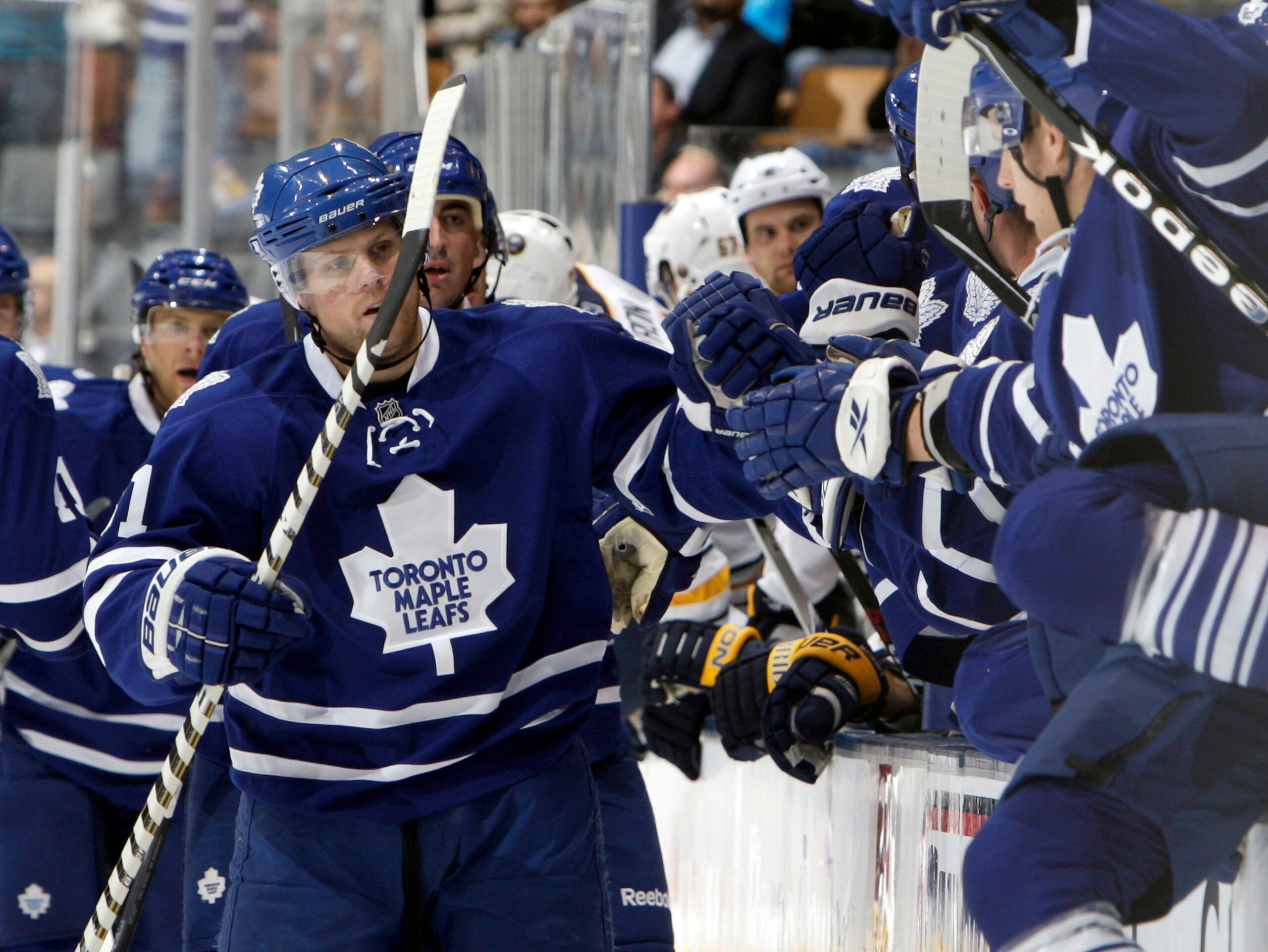 TORONTO - SEPTEMBER 27: Phil Kessel #81 of the Toronto Maple Leafs celebrates his goal against the Buffalo Sabres during a preseason NHL game at the Air Canada Centre September 27, 2010 in Toronto, Ontario, Canada. (Photo by Abelimages/Getty Images)