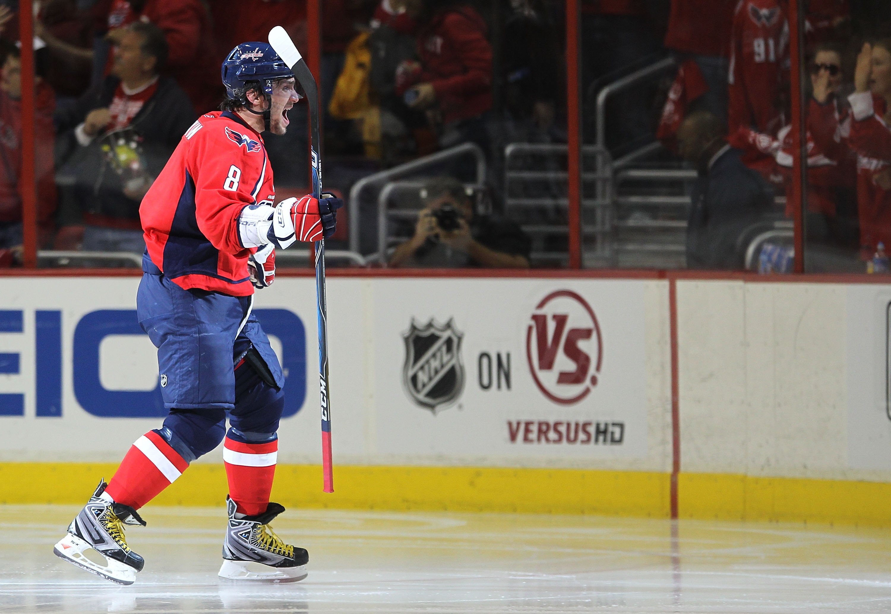 WASHINGTON - APRIL 28:  Alex Ovechkin #8 of the Washington Capitals celebrates a goal which was later disallowed against the Montreal Canadiens in Game Seven of the Eastern Conference Quarterfinals during the 2010 NHL Stanley Cup Playoffs at the Verizon C