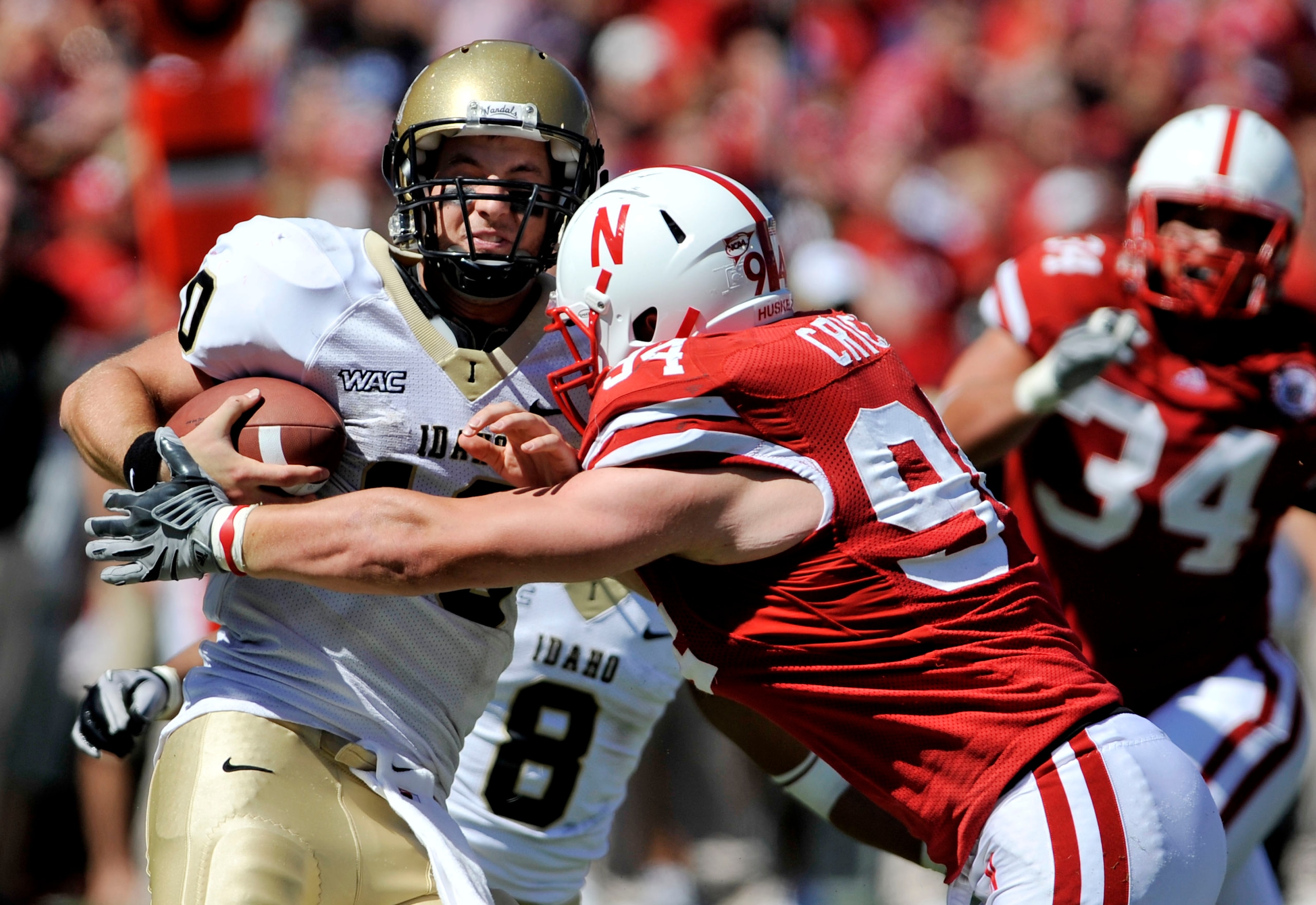 LINCOLN, NE - SEPTEMBER 11: Nebraska Cornhuskers defensive tackle Jared Crick #94 takes downIdaho Vandals quarterback Nathan Enderle #10 during second half action of their game at Memorial Stadium on September 4, 2010 in Lincoln, Nebraska. Nebraska Defeat