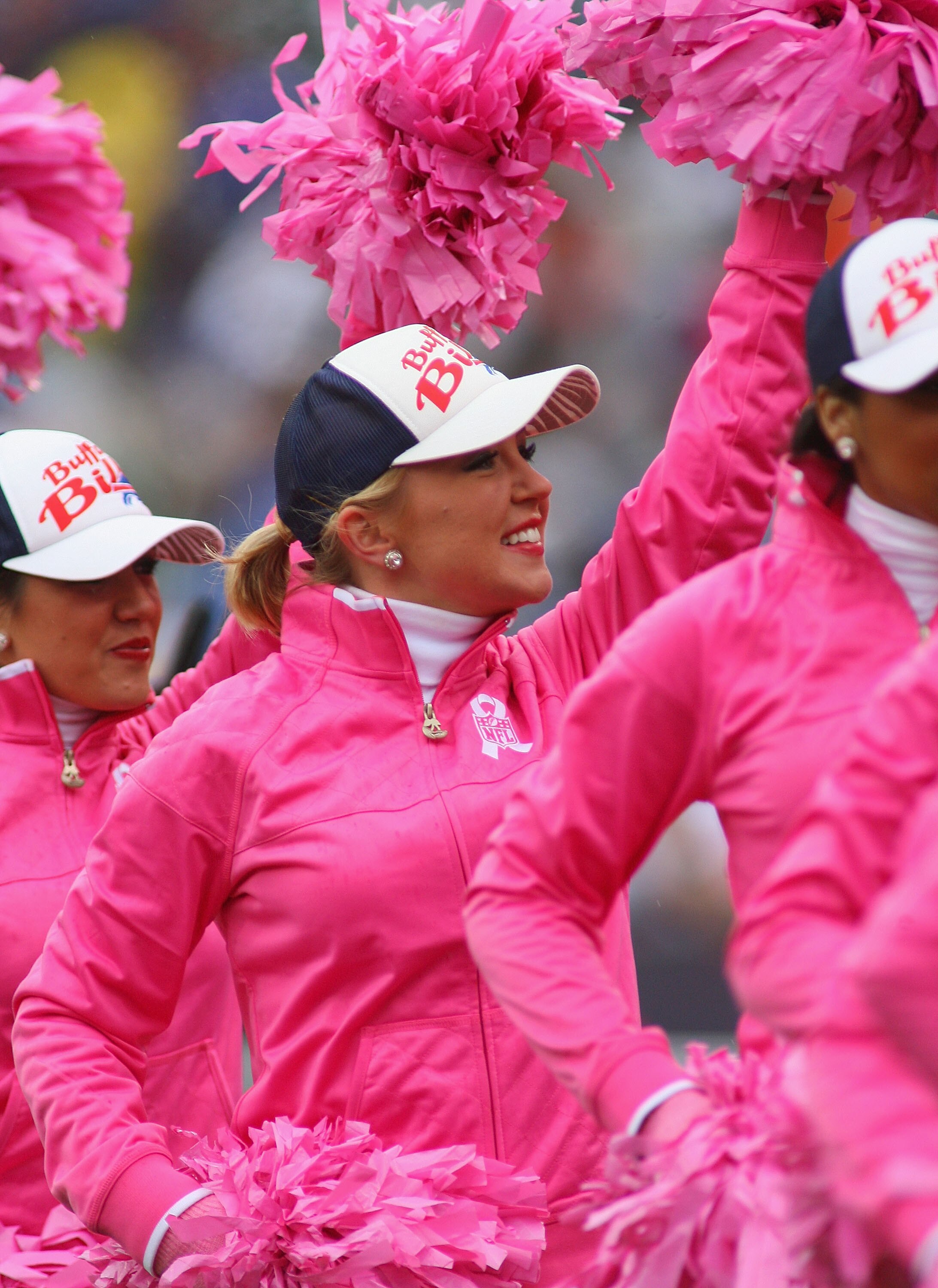ORCHARD PARK, NY - OCTOBER 03: Members of the Buffalo Jills cheeleaders cheer during a timeout between the New York Jets and the Buffalo Bills at Ralph Wilson Stadium on October 3, 2010 in Orchard Park, New York. The Jets won 38-14. (Photo by Rick Stewart