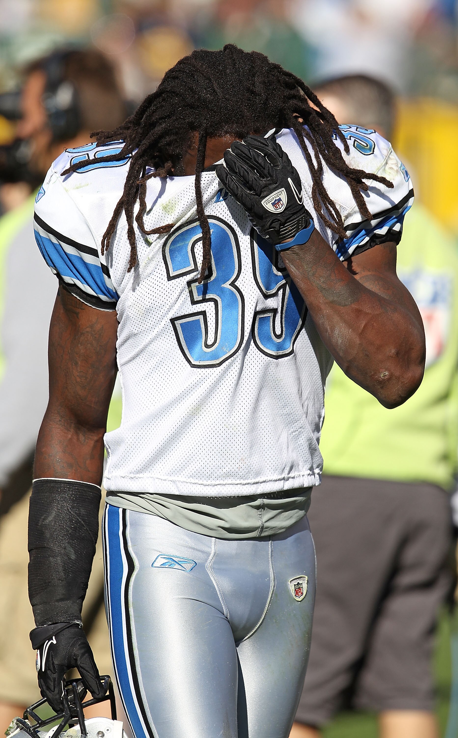 GREEN BAY, WI - OCTOBER 03: C.C. Brown #39 of the Detroit Lions leaves the field after a loss to the Green Bay Packers at Lambeau Field on October 3, 2010 in Green Bay, Wisconsin. The Packers defeated the Lions 28-26. (Photo by Jonathan Daniel/Getty Image