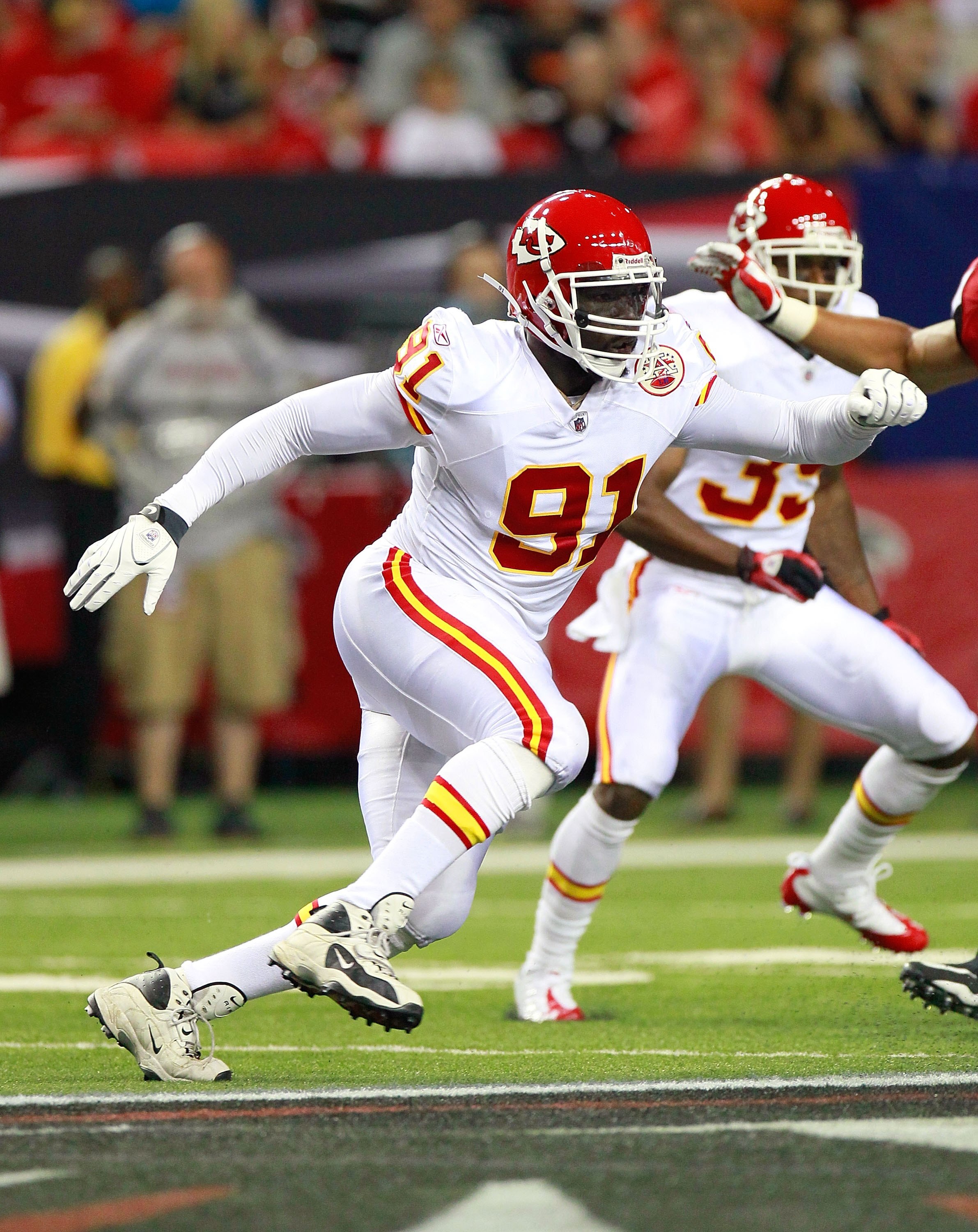 ATLANTA - AUGUST 13:  Tamba Hali #91 of the Kansas City Chiefs against the Atlanta Falcons at Georgia Dome on August 13, 2010 in Atlanta, Georgia.  (Photo by Kevin C. Cox/Getty Images)