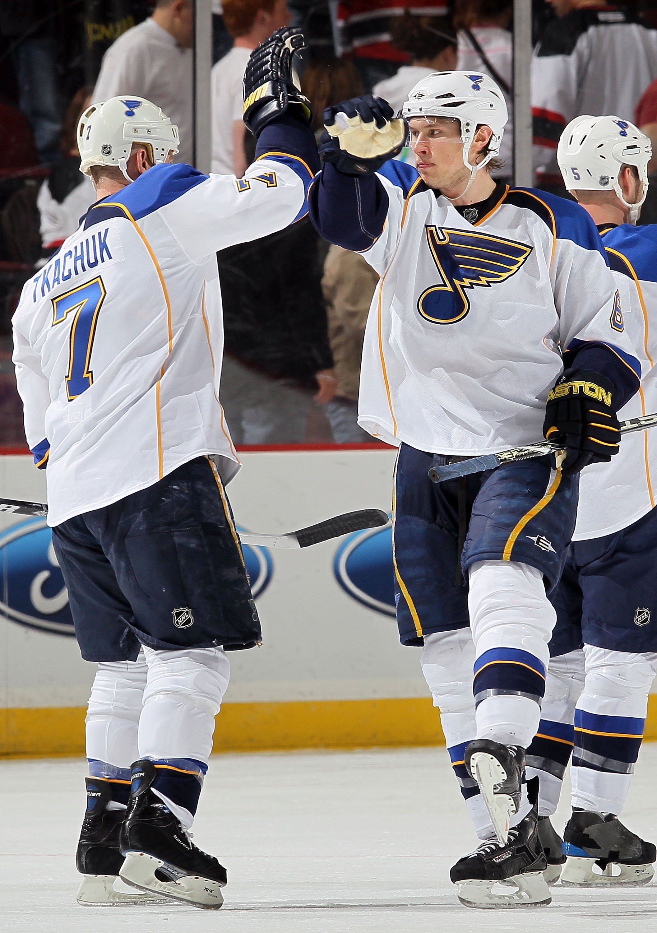 NEWARK, NJ - MARCH 20:  Erik Johnson #6 and Keith Tkachuk #7 of the St. Louis Blues celebrate after defeating the New Jersey Devils at the Prudential Center on March 20, 2010 in Newark, New Jersey. The Blues defeated the Devils 1-0.  (Photo by Jim McIsaac
