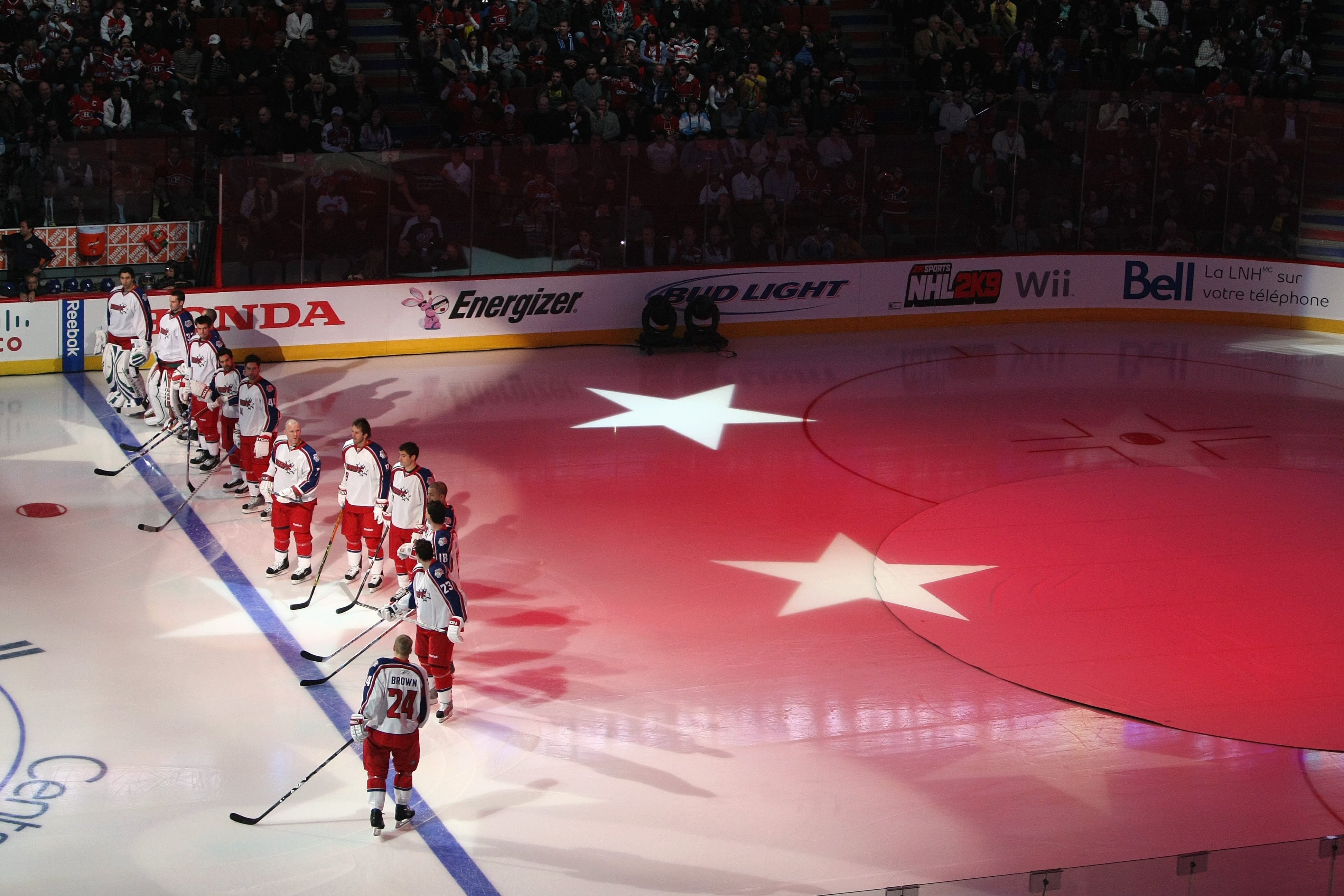 MONTREAL - JANUARY 25:  Dustin Brown #24 of the Western Conference All-Stars skates to the blue line to join teammates during pregame introductions prior to the 2009 NHL All-Star game at the Bell Centre on January 25, 2009 in Montreal, Canada.  (Photo by