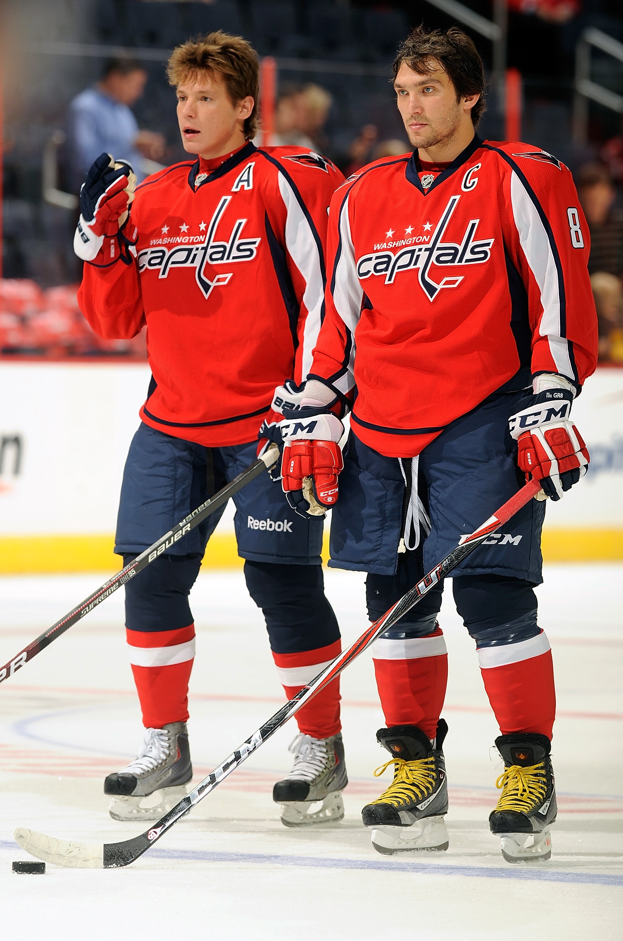 WASHINGTON - SEPTEMBER 28:  Alex Ovechkin #8 and Alexander Semin #28 of the Washington Capitals warm up before the game against the Boston Bruins at Verizon Center on September 28, 2010 in Washington, DC.  (Photo by Greg Fiume/Getty Images)