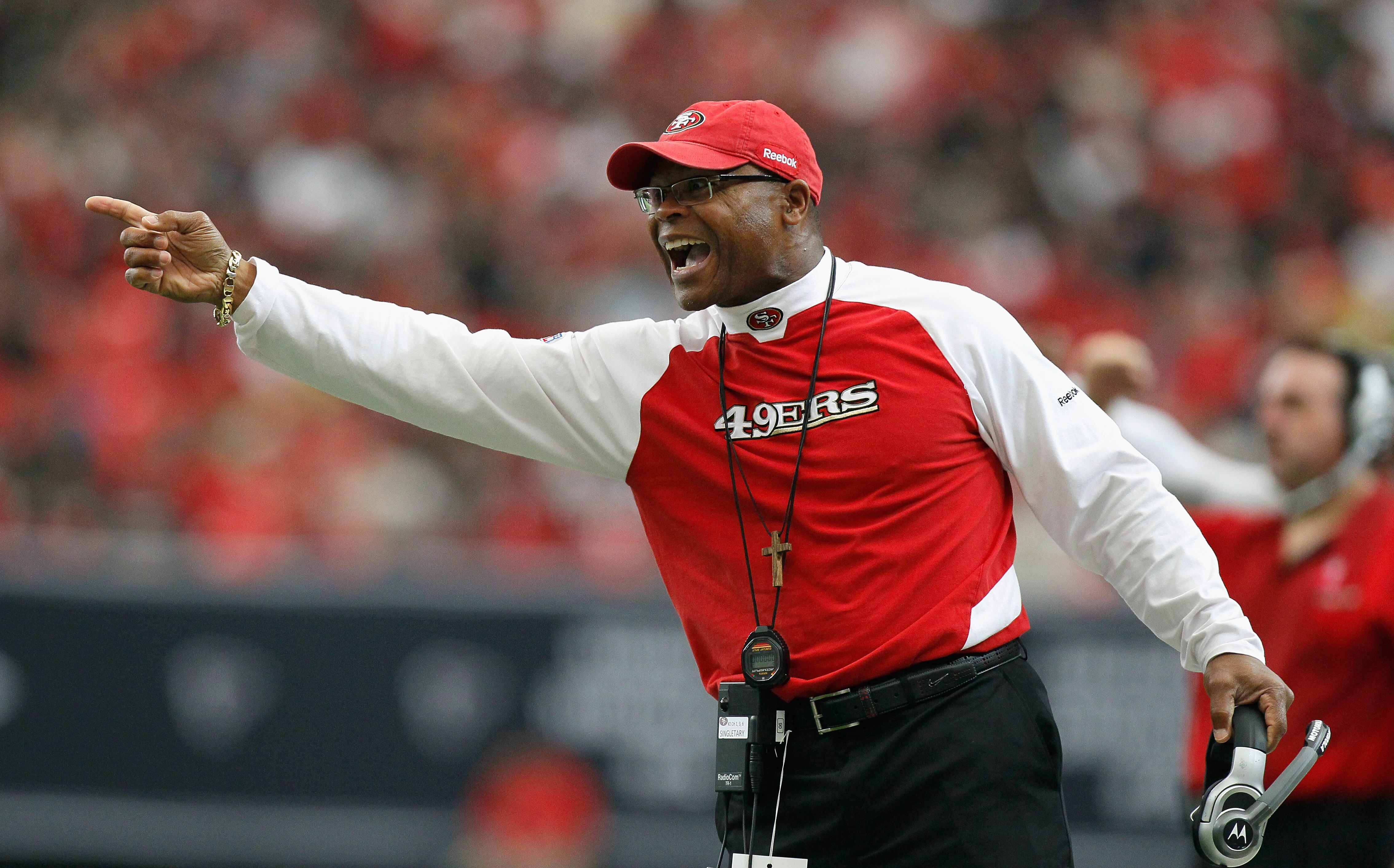ATLANTA - OCTOBER 03:  Head coach Mike Singletary of the San Francisco 49ers questions a call during the game against the Atlanta Falcons at Georgia Dome on October 3, 2010 in Atlanta, Georgia.  (Photo by Kevin C. Cox/Getty Images)