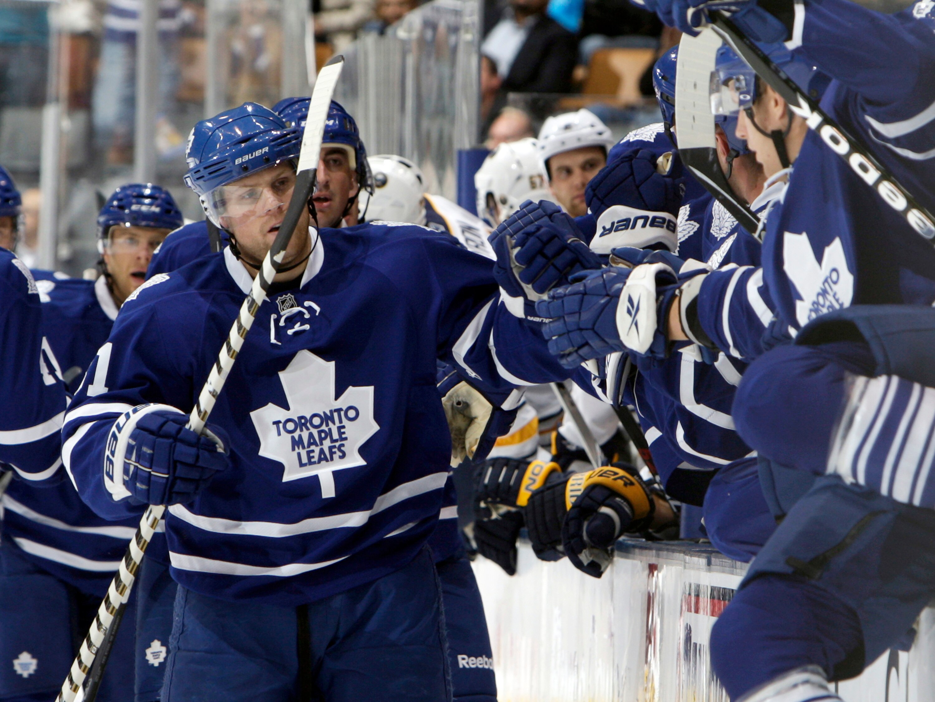 TORONTO - SEPTEMBER 27: Phil Kessel #81 of the Toronto Maple Leafs celebrates his goal against the Buffalo Sabres during a preseason NHL game at the Air Canada Centre September 27, 2010 in Toronto, Ontario, Canada. (Photo by Abelimages/Getty Images)