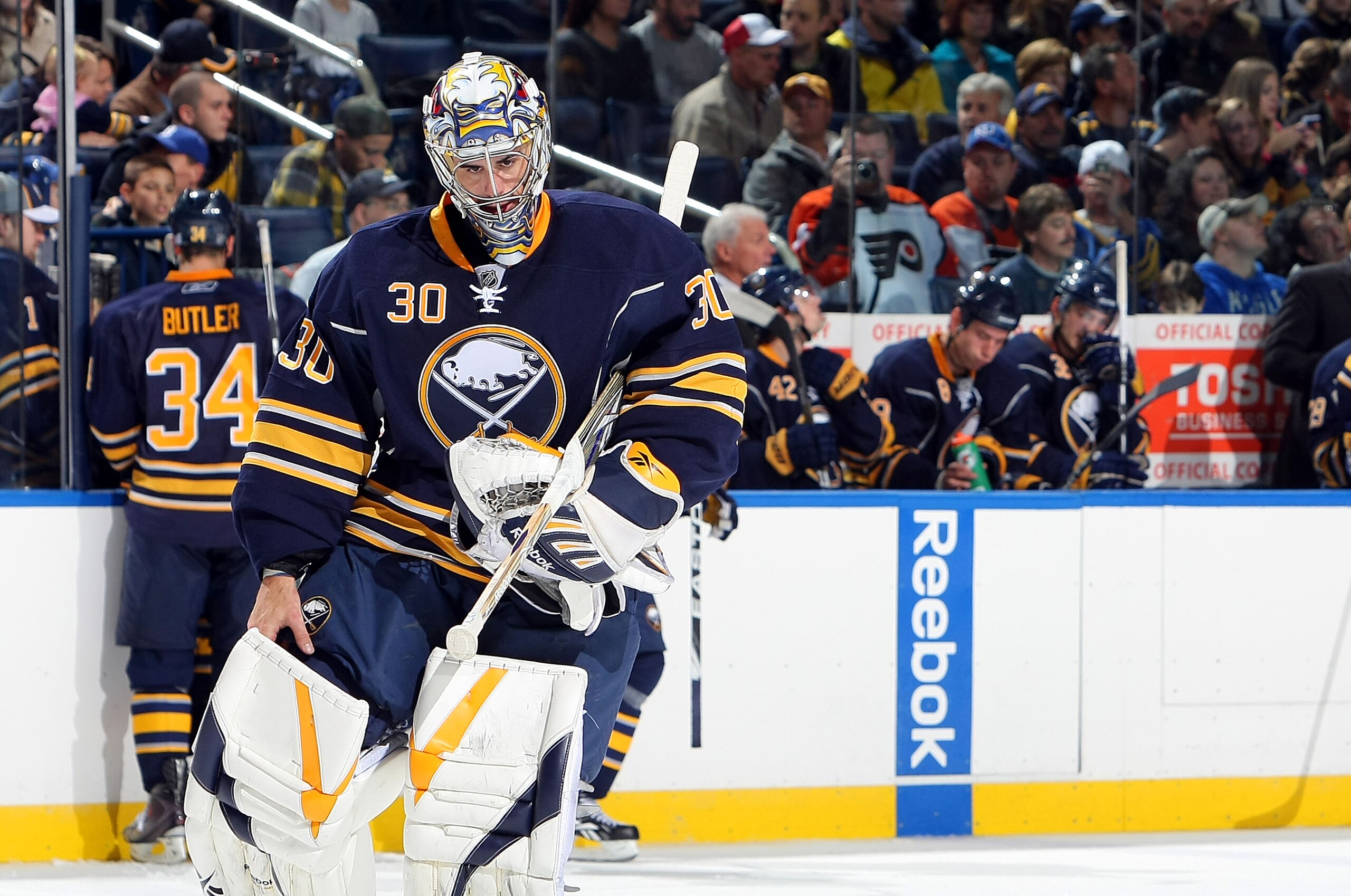 BUFFALO - OCTOBER 3: Ryan Miller #30 of the Buffalo Sabres adjusts his equipment during stop in play against the Philadelphia Flyers during their NHL game at HSBC Arena October 3, 2010 in Buffalo, New York. The Sabres won 9-3. (Photo By Dave Sandford/Get BUFFALO - OCTOBER 3: Ryan Miller #30 of the Buffalo Sabres adjusts his equipment during stop in play against the Philadelphia Flyers during their NHL game at HSBC Arena October 3, 2010 in Buffalo, New York. The Sabres won 9-3. (Photo By Dave Sandford/Get