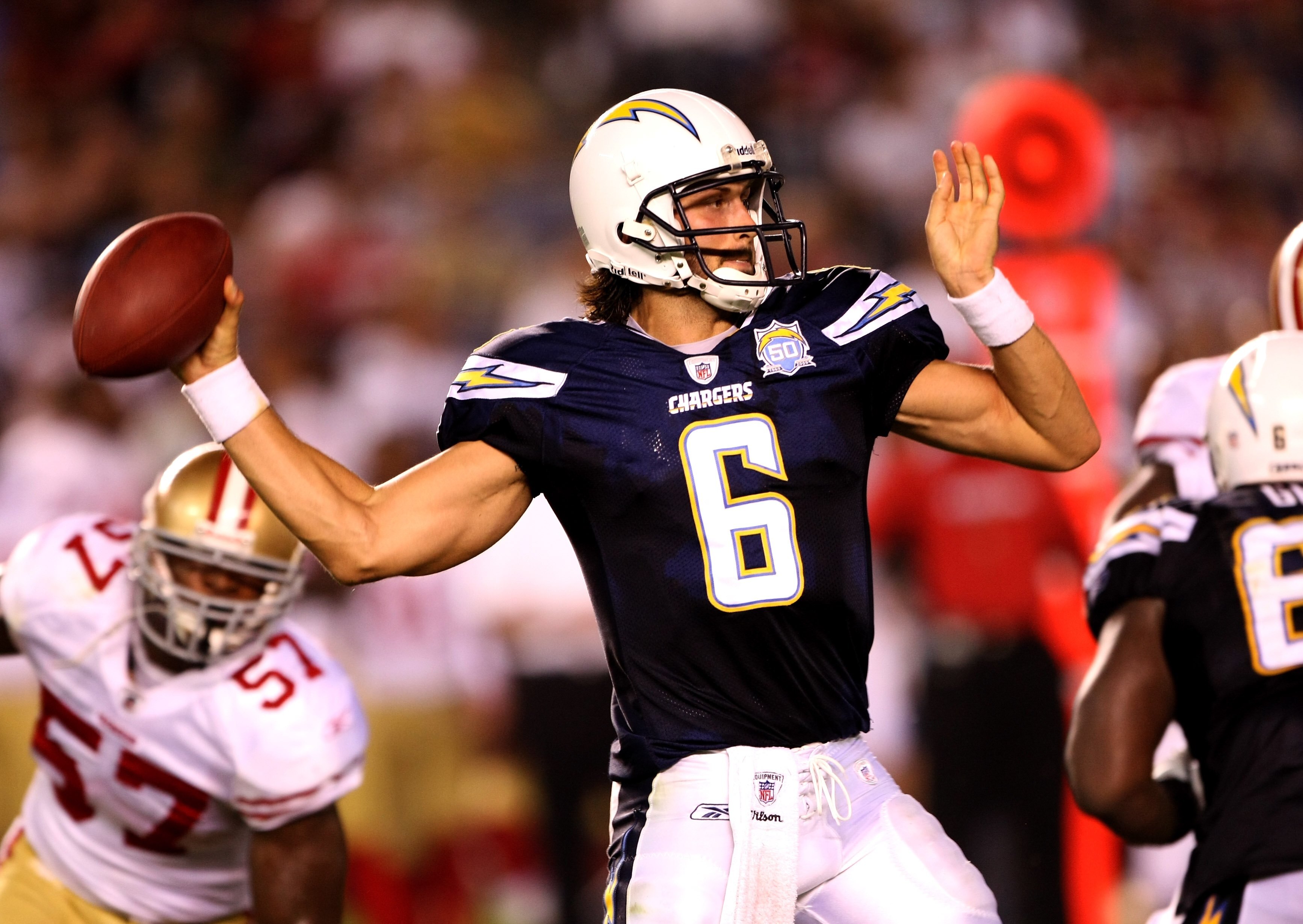 SAN DIEGO - SEPTEMBER 04:  Quarterback Charlie Whitehurst #6 of the San Diego Chargers throws a pass against the San Francisco 49ers on September 4, 2009 at Qualcomm Stadium in San Diego, California.   The Chrgers won 26-7.  (Photo by Stephen Dunn/Getty I