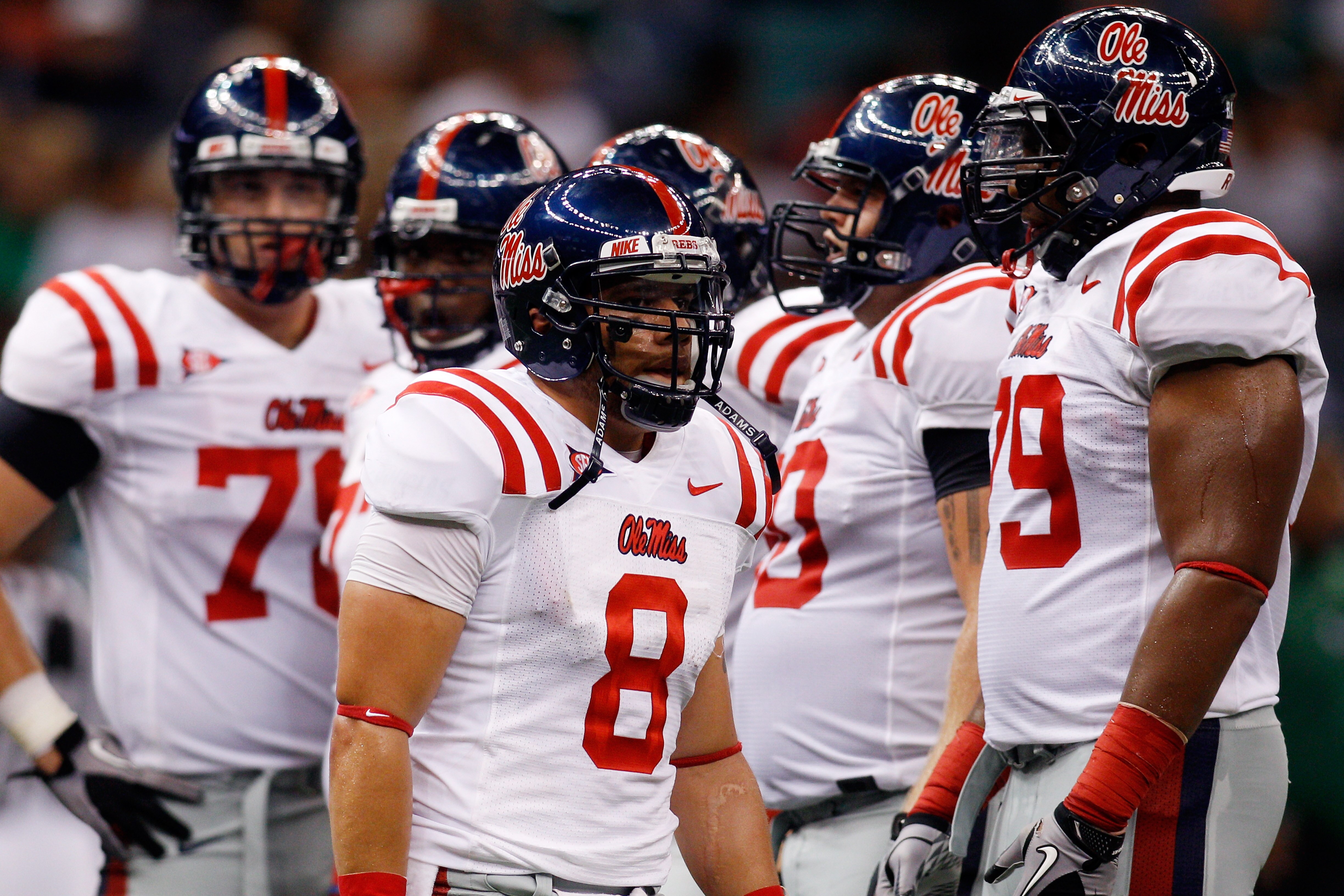NEW ORLEANS - SEPTEMBER 11:  Jeremiah Masoli #8 of the Ole Miss Rebels looks to the sideline during a timeout against the Tulane Green Wave at the Louisiana Superdome on September 11, 2010 in New Orleans, Louisiana.  (Photo by Chris Graythen/Getty Images)