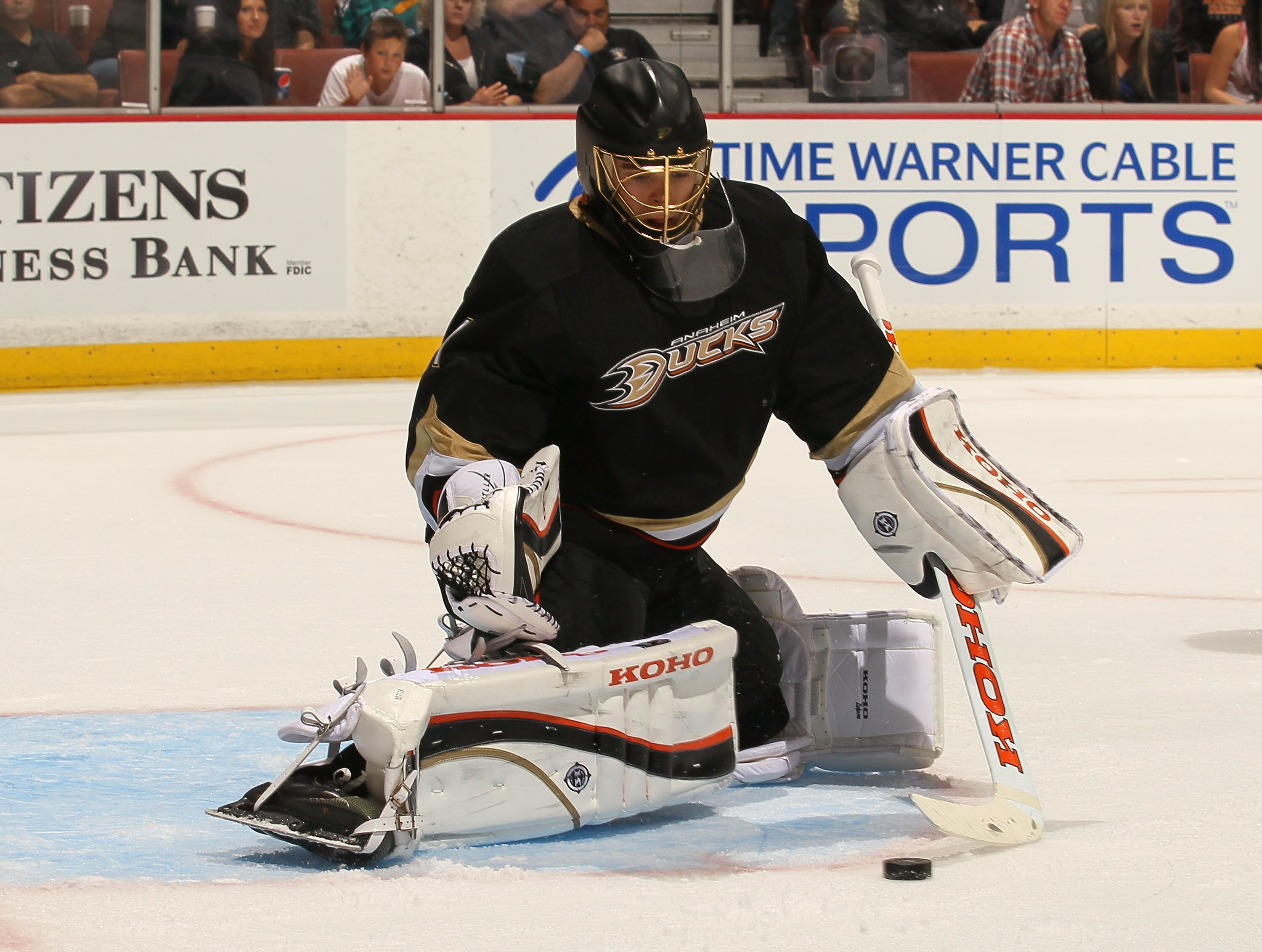 ANAHEIM, CA - OCTOBER 01:  Goaltender Jonas Hiller #1 of the Anaheim Ducks makes a save against the Vancouver Canucks at Honda Center on October 1, 2010 in Anaheim, California.  Vancouver won 4-2.  (Photo by Stephen Dunn/Getty Images)