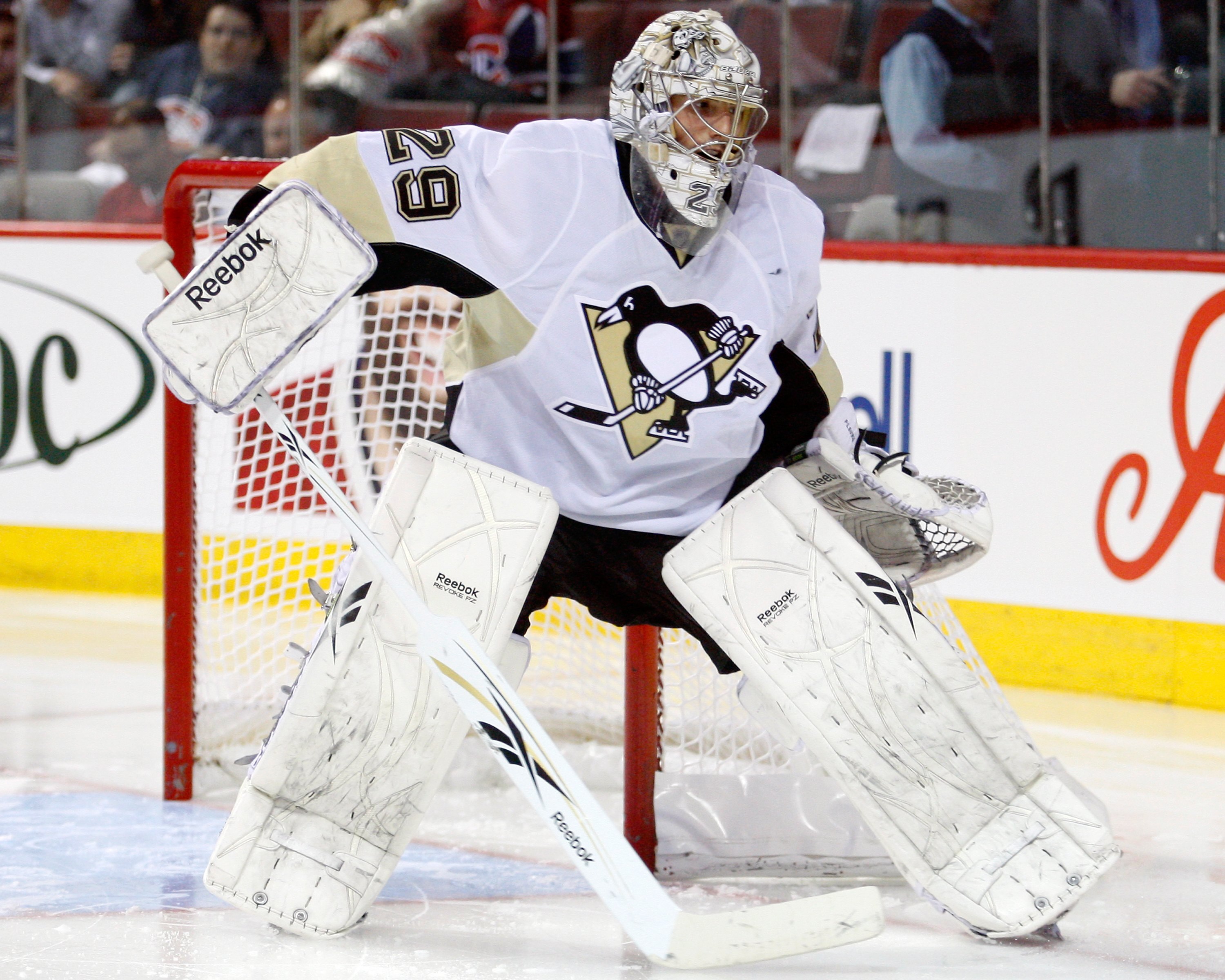MONTREAL- MAY 4:  Marc-Andre Fleury #29 of the Pittsburgh Penguins watches play in Game Three of the Eastern Conference Semifinals against the Montreal Canadiens during the 2010 NHL Stanley Cup Playoffs at the Bell Centre on May 4, 2010 in Montreal, Quebe