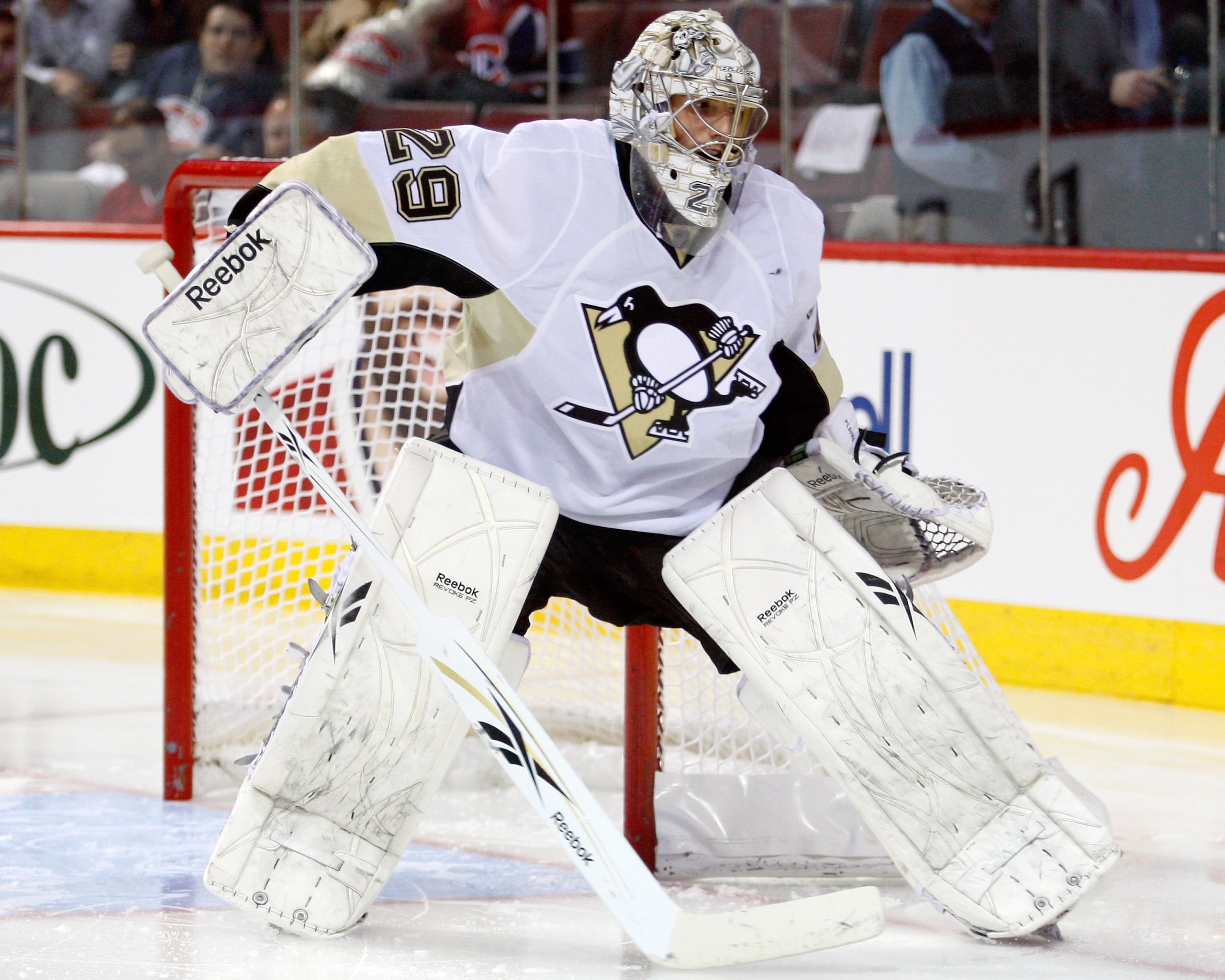 MONTREAL- MAY 4:  Marc-Andre Fleury #29 of the Pittsburgh Penguins watches play in Game Three of the Eastern Conference Semifinals against the Montreal Canadiens during the 2010 NHL Stanley Cup Playoffs at the Bell Centre on May 4, 2010 in Montreal, Quebe