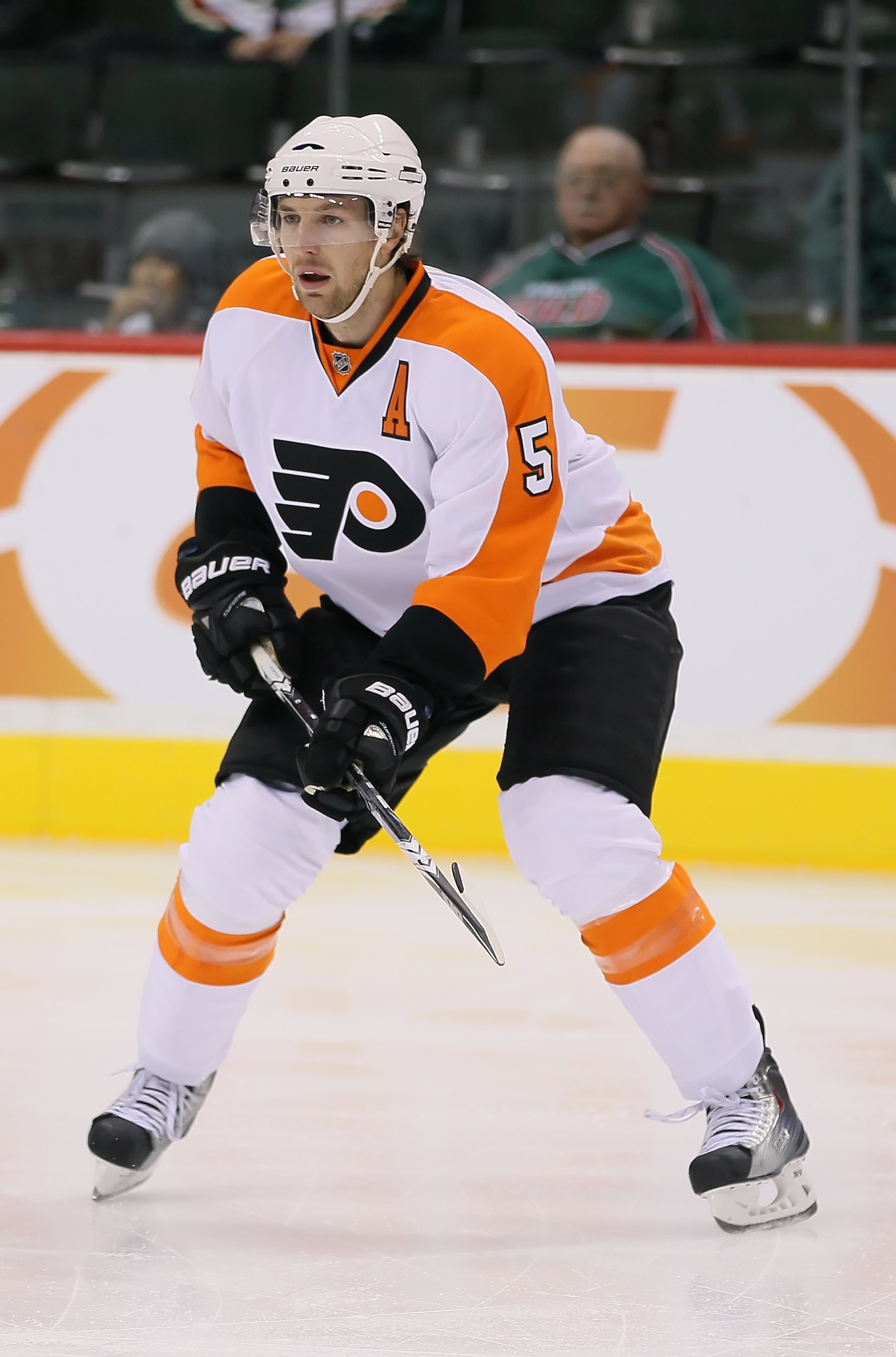 ST PAUL, MN - SEPTEMBER 25:  Braydon Coburn #5 of the Philadelphia Flyers skates against the Minnesota Wild at Xcel Energy Center on September 25, 2010 in St Paul, Minnesota.  (Photo by Jeff Gross/Getty Images)