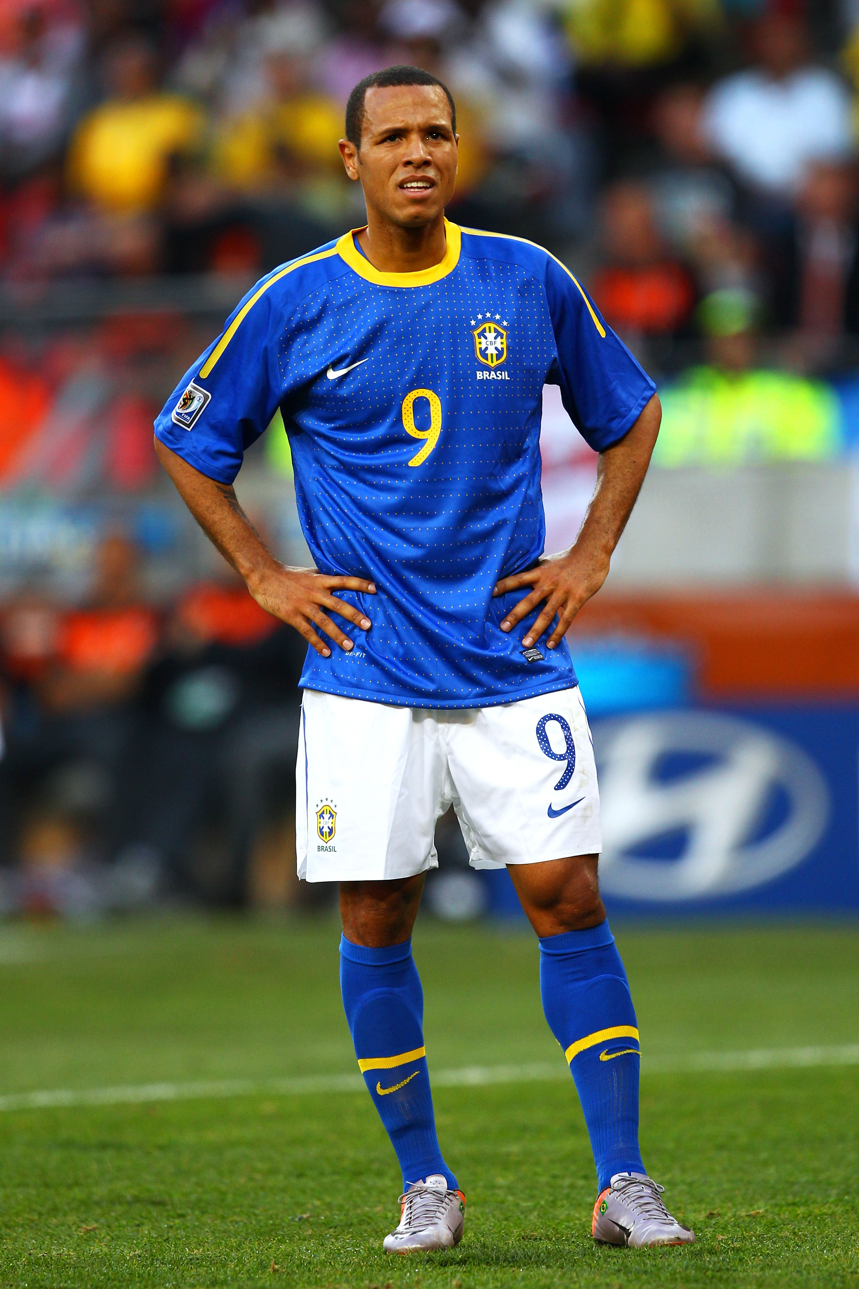 PORT ELIZABETH, SOUTH AFRICA - JULY 02: Luis Fabiano of Brazil looks on during the 2010 FIFA World Cup South Africa Quarter Final match between Netherlands and Brazil at Nelson Mandela Bay Stadium on July 2, 2010 in Nelson Mandela Bay/Port Elizabeth, Sou PORT ELIZABETH, SOUTH AFRICA - JULY 02: Luis Fabiano of Brazil looks on during the 2010 FIFA World Cup South Africa Quarter Final match between Netherlands and Brazil at Nelson Mandela Bay Stadium on July 2, 2010 in Nelson Mandela Bay/Port Elizabeth, Sou