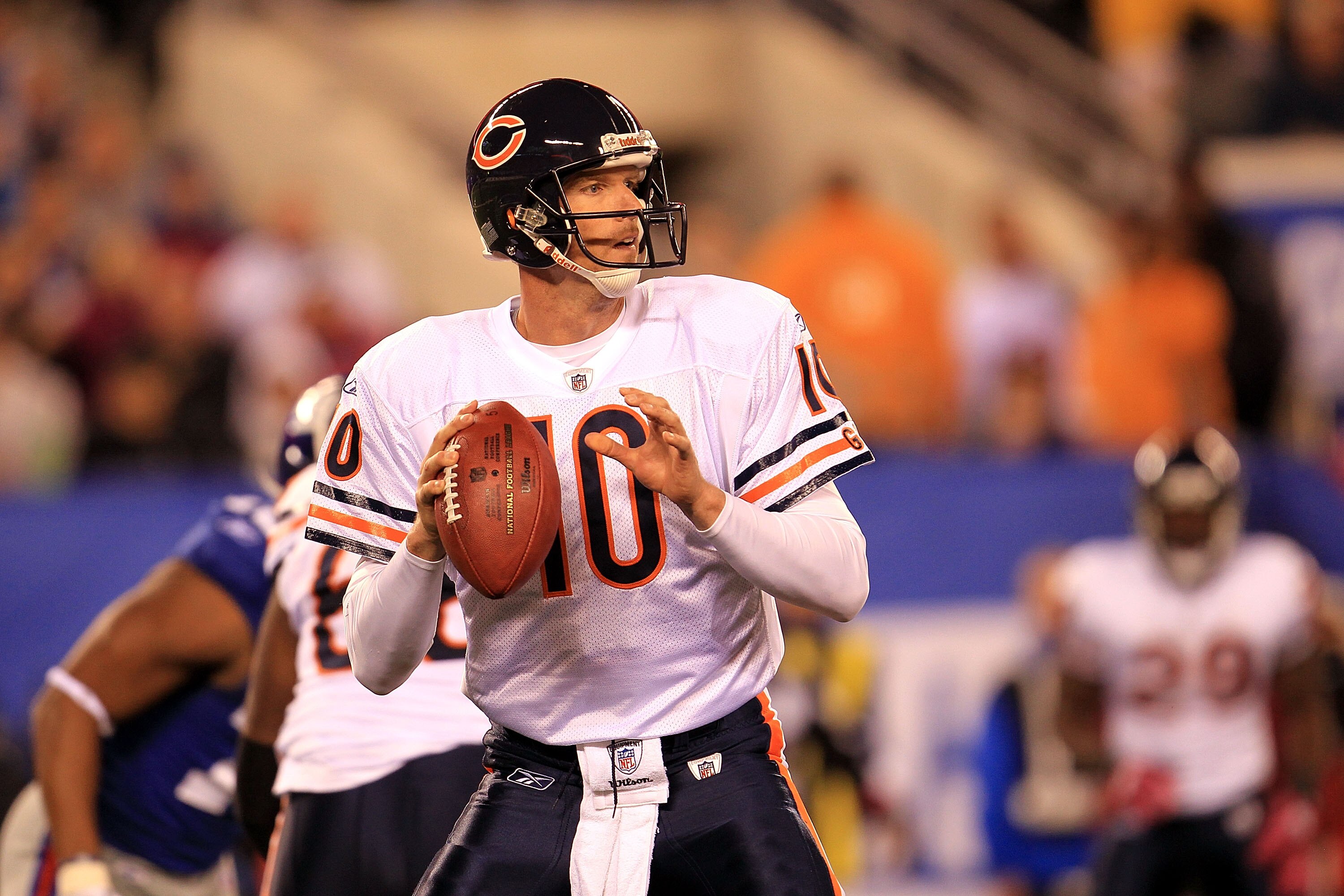 EAST RUTHERFORD, NJ - OCTOBER 03:  Todd Collins #10 of the Chicago Bears drops back to pass against the New York Giants at New Meadowlands Stadium on October 3, 2010 in East Rutherford, New Jersey.  (Photo by Chris McGrath/Getty Images)