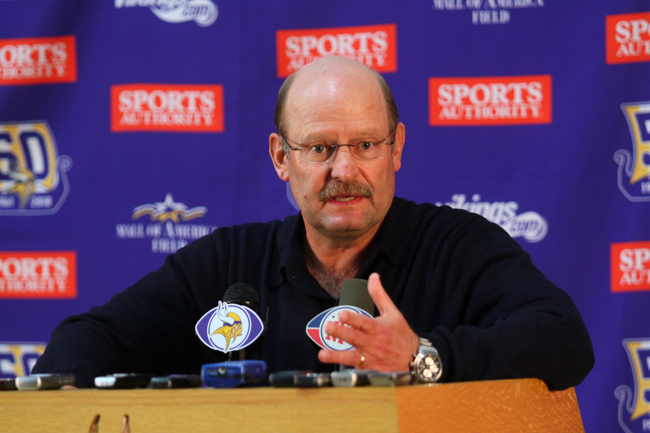EDEN PRAIRIE, MN - OCTOBER 6: Minnesota Vikings head coach Brad Childress answers questions from the media during a press conference at Winter Park on October 6, 2010 in Eden Prairie, Minnesota. Childress made it official that the Vikings signed wide rece