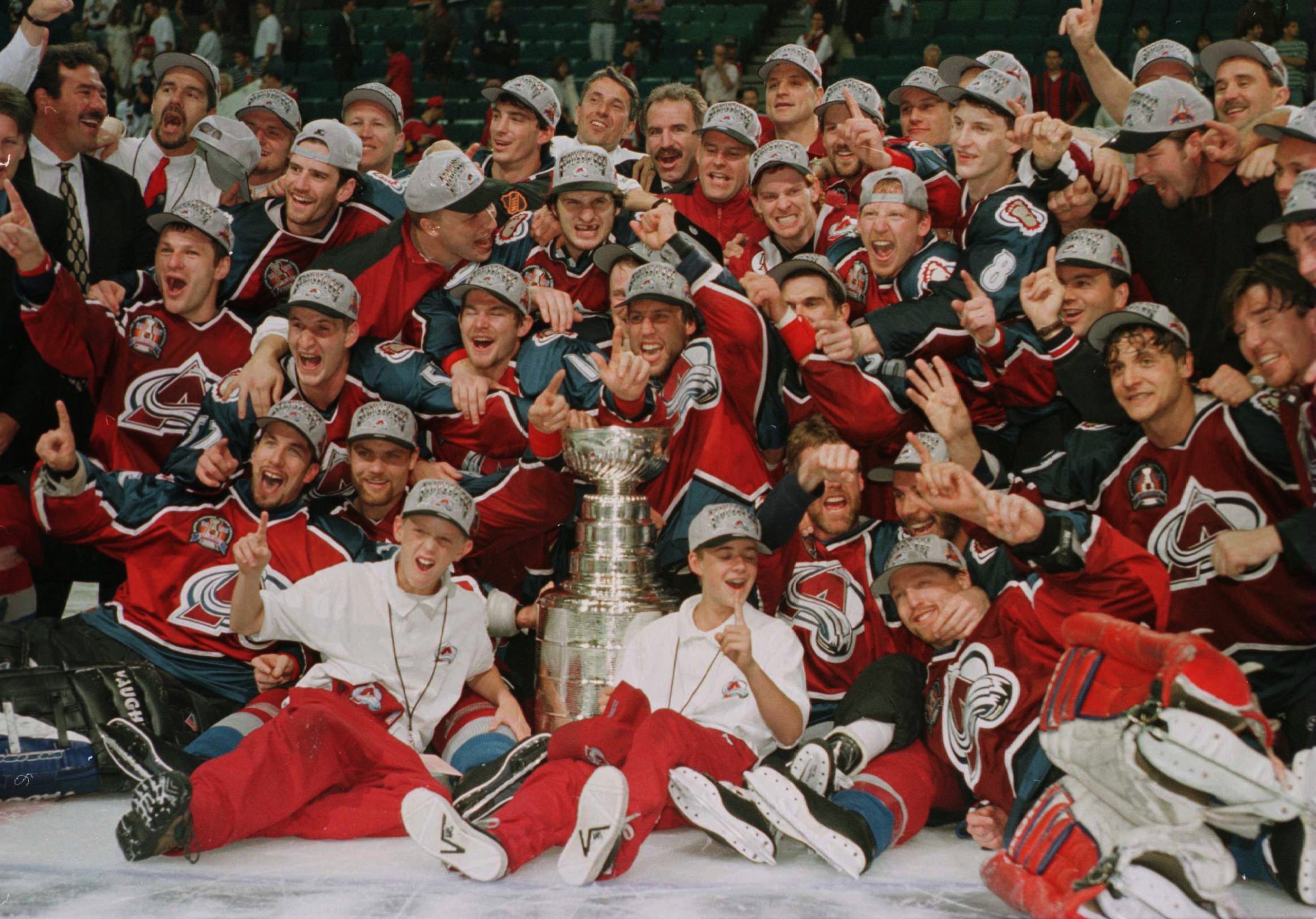 11 Jun 1996: The Colorado Avalanche celebrate after winning the Stanley Cup by defeating the Florida Panthers 1-0 in triple overtime of game four of the Stanley Cup Finals at Miami Arena in Miami, Florida. The Avalanche swept the series by four games to n 11 Jun 1996: The Colorado Avalanche celebrate after winning the Stanley Cup by defeating the Florida Panthers 1-0 in triple overtime of game four of the Stanley Cup Finals at Miami Arena in Miami, Florida. The Avalanche swept the series by four games to n