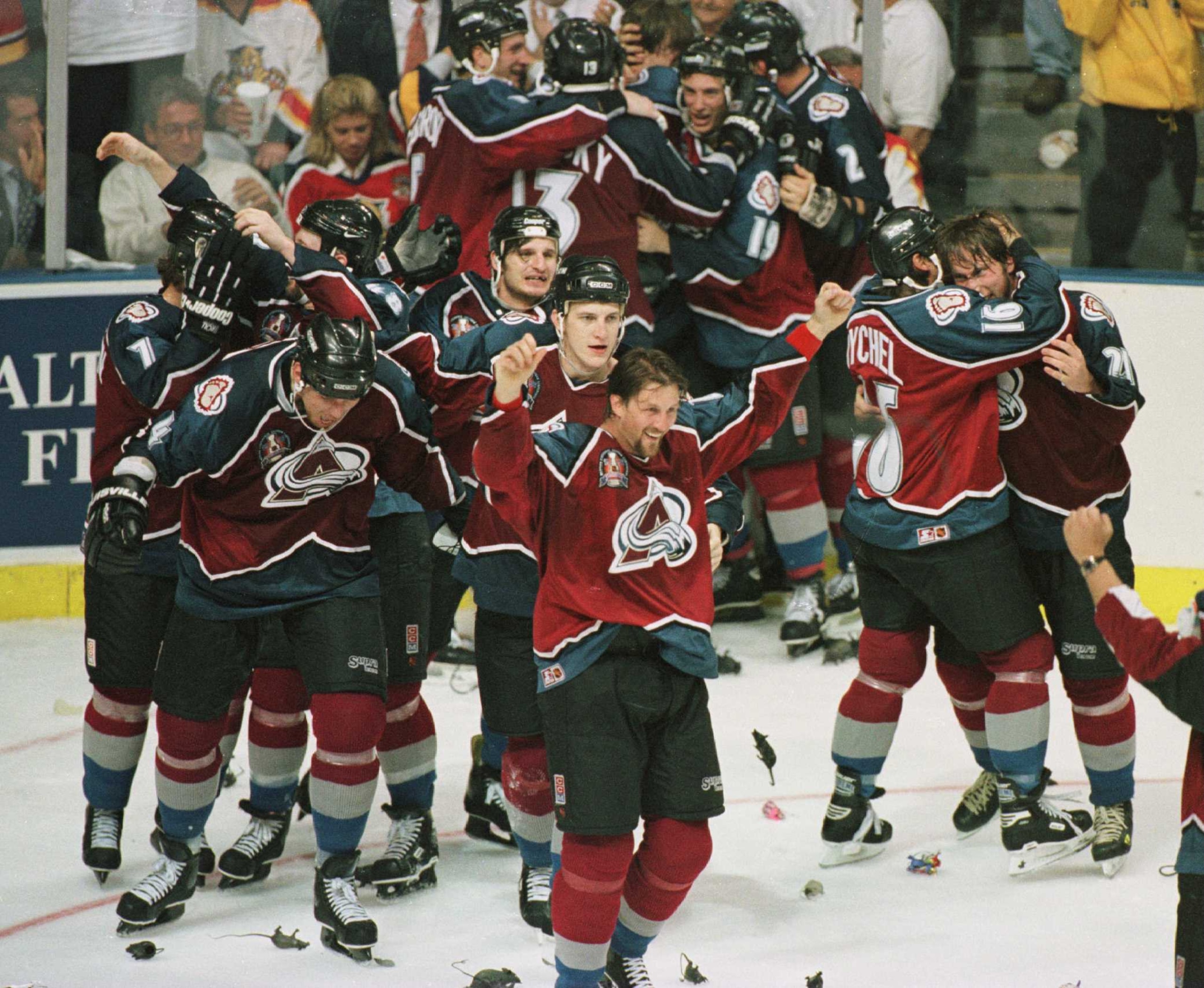 11 Jun 1996: The Colorado Avalanche celebrate after winning the Stanley Cup by defeating the Florida Panthers 1-0 in triple overtime of game four of the Stanley Cup Finals at Miami Arena in Miami, Florida. The Avalanche swept the series by four games to n 11 Jun 1996: The Colorado Avalanche celebrate after winning the Stanley Cup by defeating the Florida Panthers 1-0 in triple overtime of game four of the Stanley Cup Finals at Miami Arena in Miami, Florida. The Avalanche swept the series by four games to n