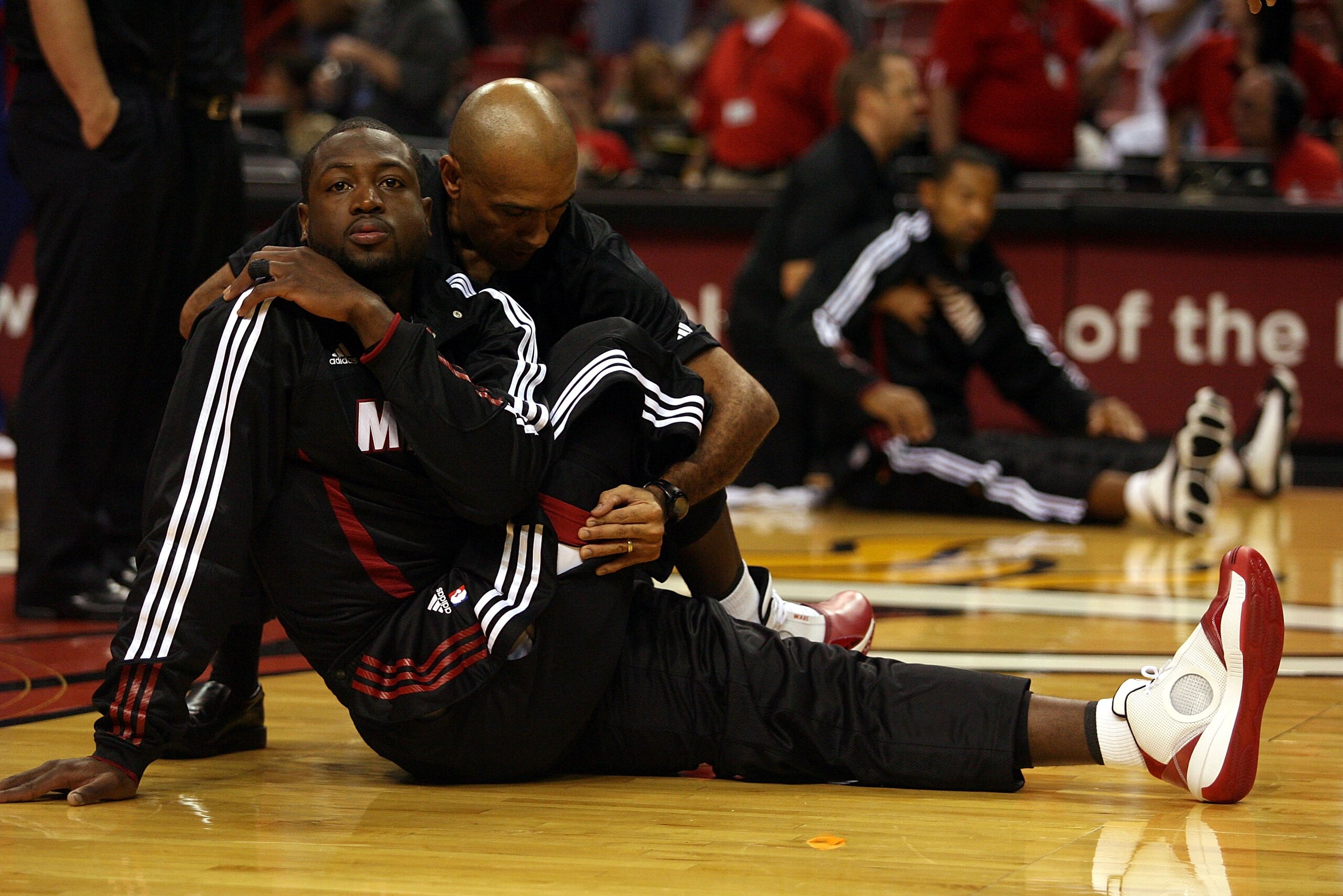 MIAMI - OCTOBER 05:  Dwyane Wade #3 (R) on the court before taking on the Detroit Pistons on October 5, 2010 in Miami, Florida.  NOTE TO USER: User expressly acknowledges and agrees that, by downloading and or using this photograph, User is consenting to
