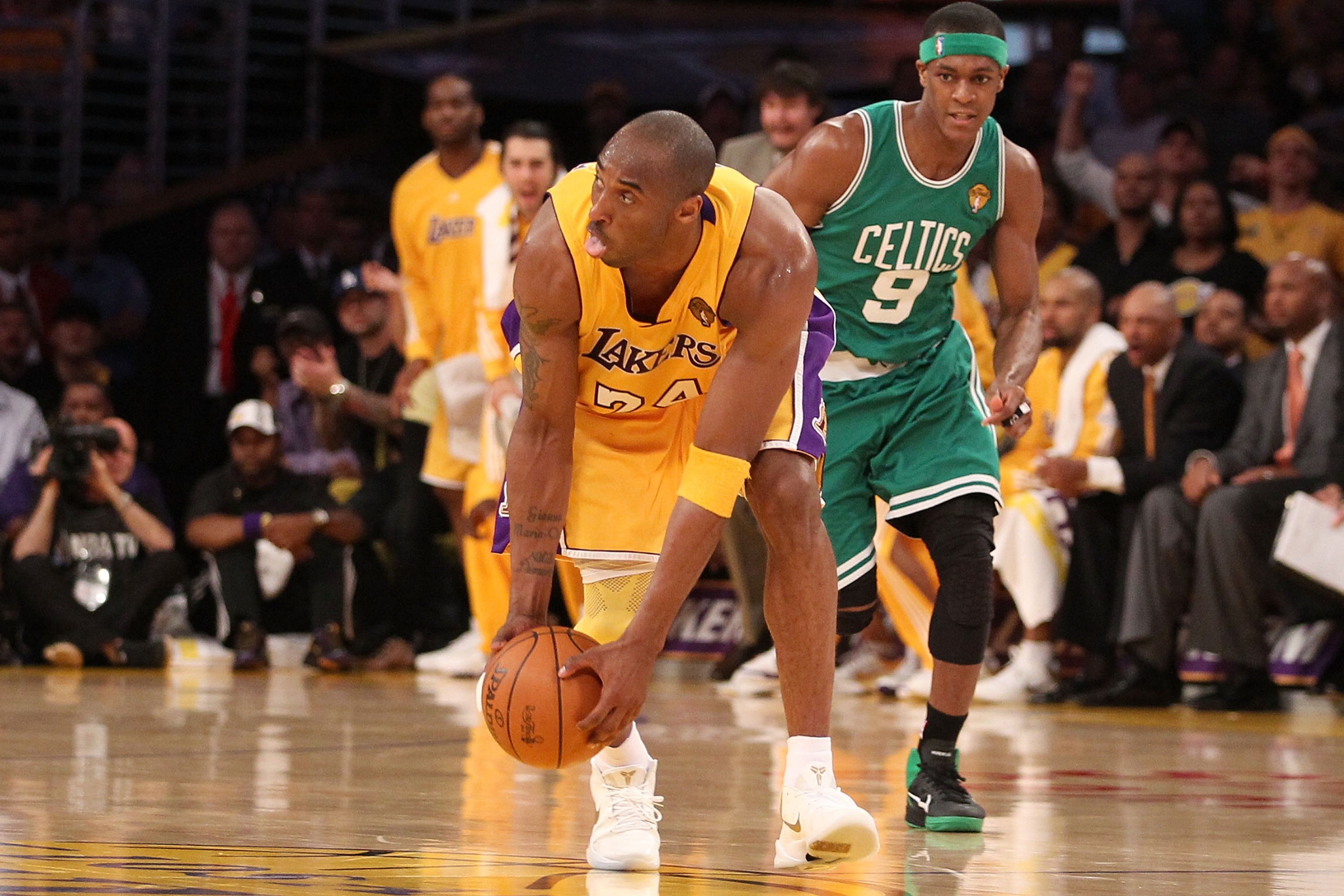LOS ANGELES, CA - JUNE 15:  Kobe Bryant #24 of the Los Angeles Lakers grabs the ball and heads up court against the Boston Celtics in Game Six of the 2010 NBA Finals at Staples Center on June 15, 2010 in Los Angeles, California.  NOTE TO USER: User expres