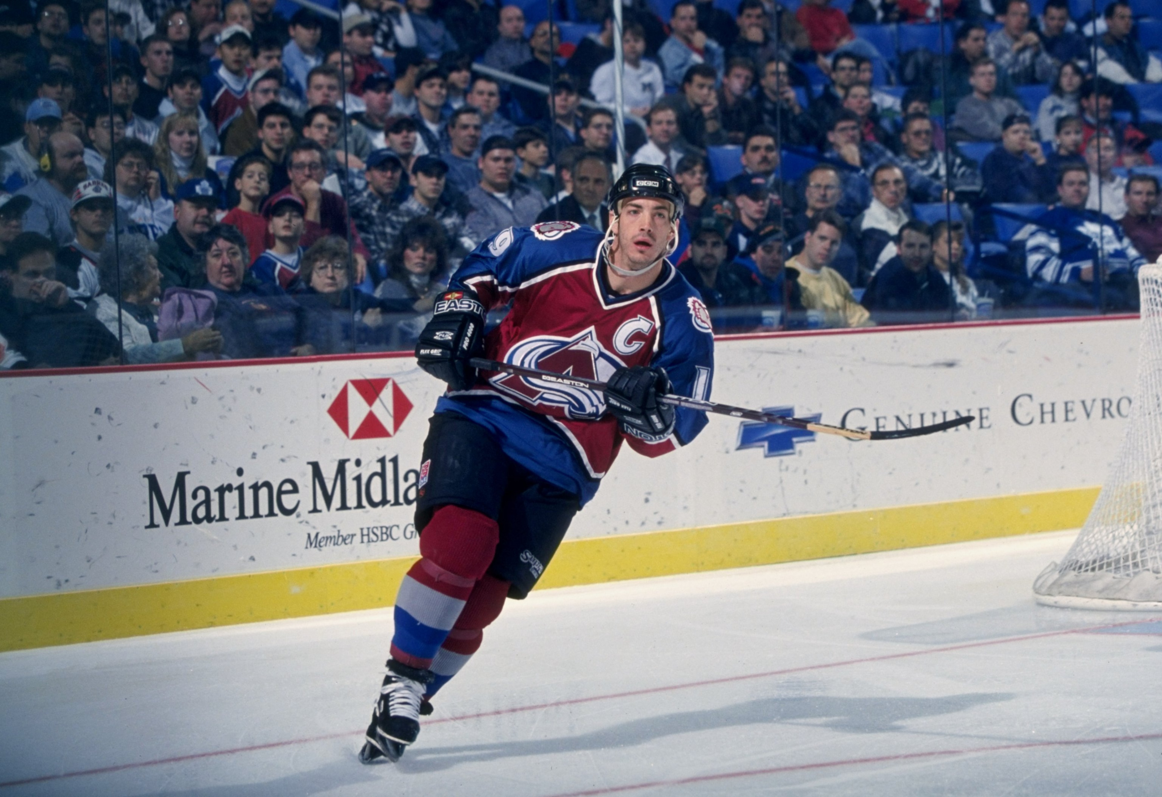 14 Nov 1996:  Center Joe Sakic of the Colorado Avalanche in action during a game against the Buffalo Sabres at the Marine Midland Arena in Buffalo, New York.  The Sabres won the game 5-2. Mandatory Credit: Rick Stewart  /Allsport