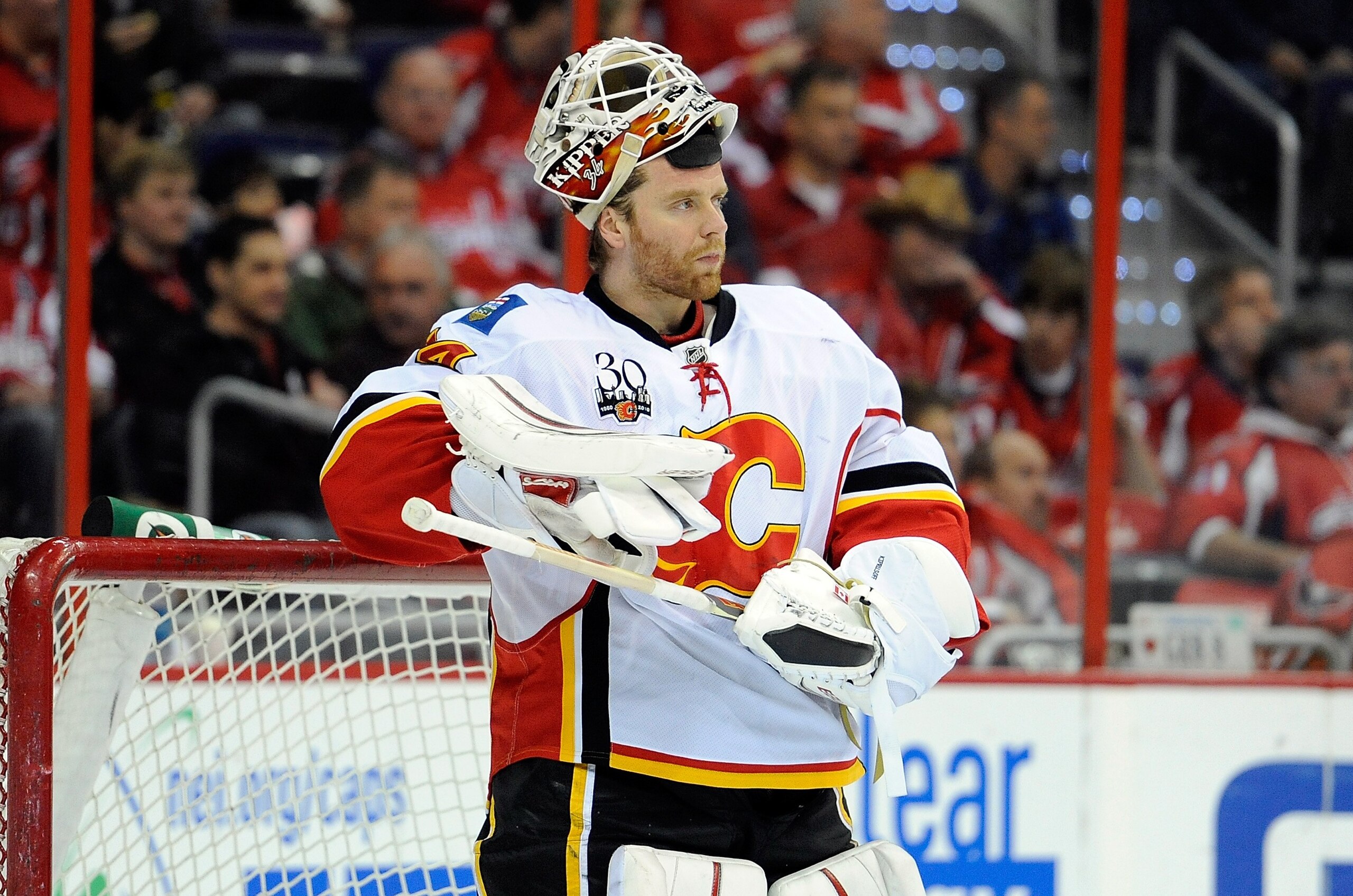 WASHINGTON - MARCH 28:  Mikka Kiprusoff #34 of the Calgary Flames rests during a break in the game against the Washington Capitals at the Verizon Center on March 28, 2010 in Washington, DC.  (Photo by Greg Fiume/Getty Images)