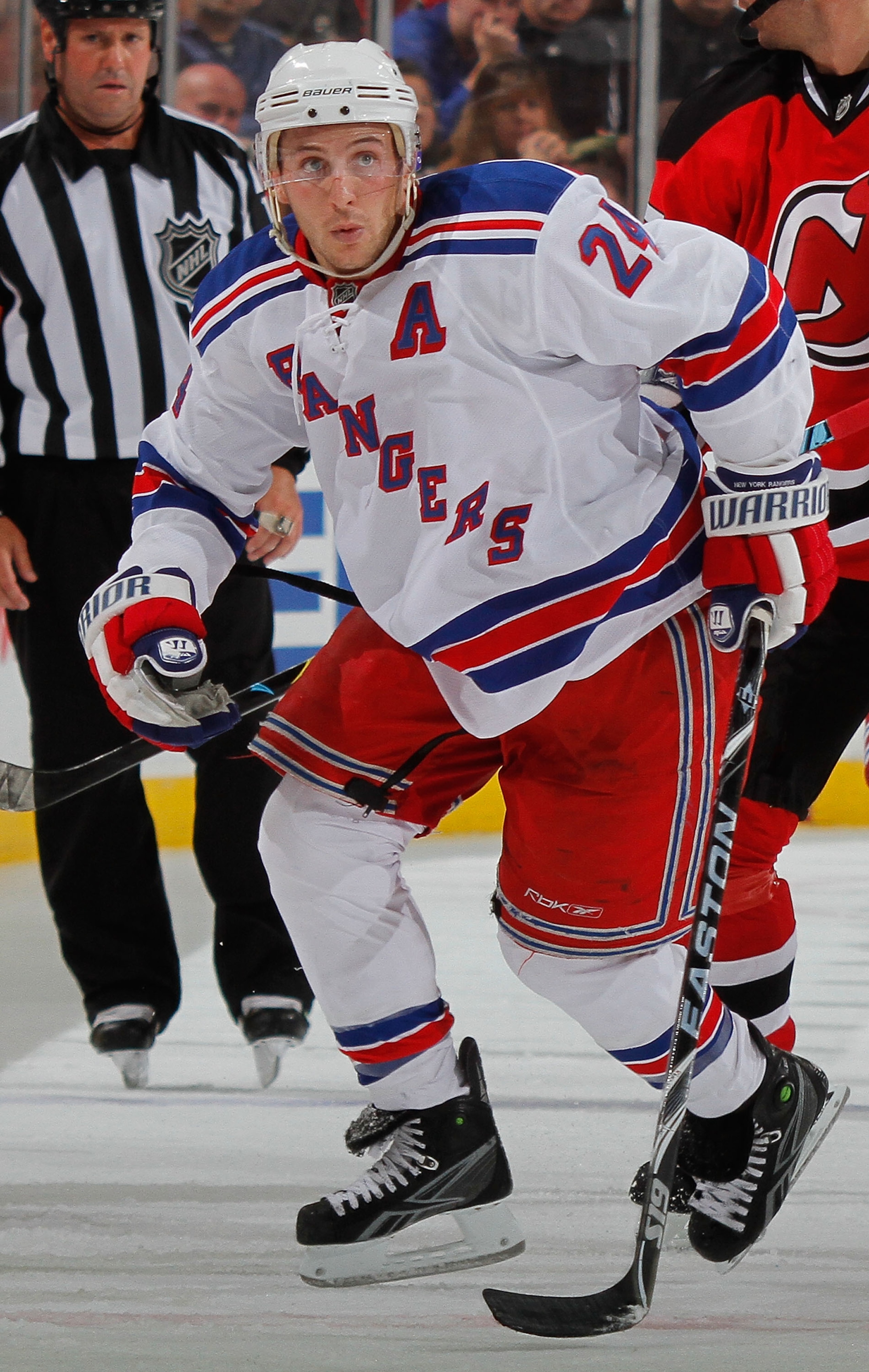 NEWARK, NJ - SEPTEMBER 25:  Ryan Callahan #24  of the New York Rangers skates up ice during a preseason game against the New Jersey Devils at the Prudential Center on September 25, 2010 in Newark, New Jersey.  (Photo by Paul Bereswill/Getty Images)
