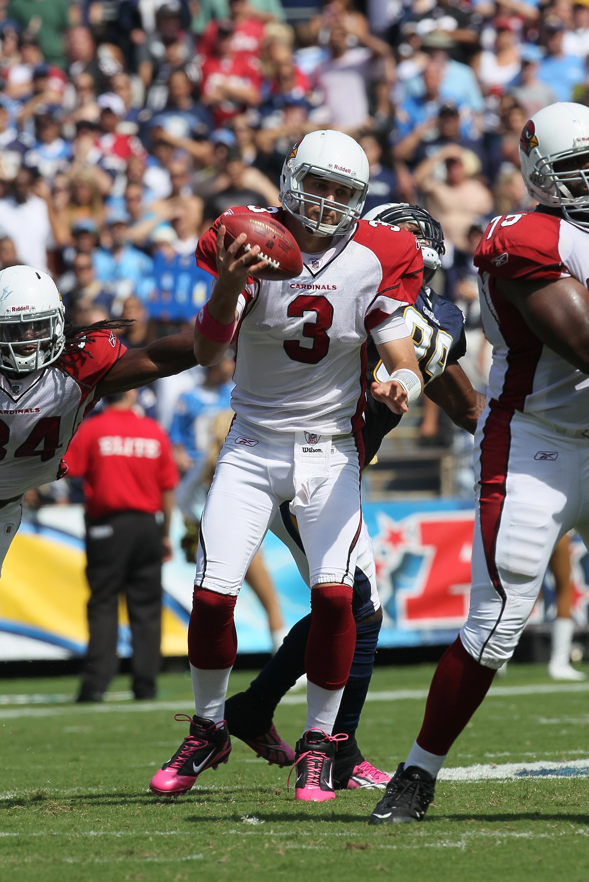 SAN DIEGO - OCTOBER 03:  Quarterback Derek Anderson #3 of the Arizona Cardinals holds up as he attempts a pass against the San Diego Chargers at Qualcomm Stadium on October 3, 2010 in San Diego, California.  The Chargers won 41-10.  (Photo by Stephen Dunn