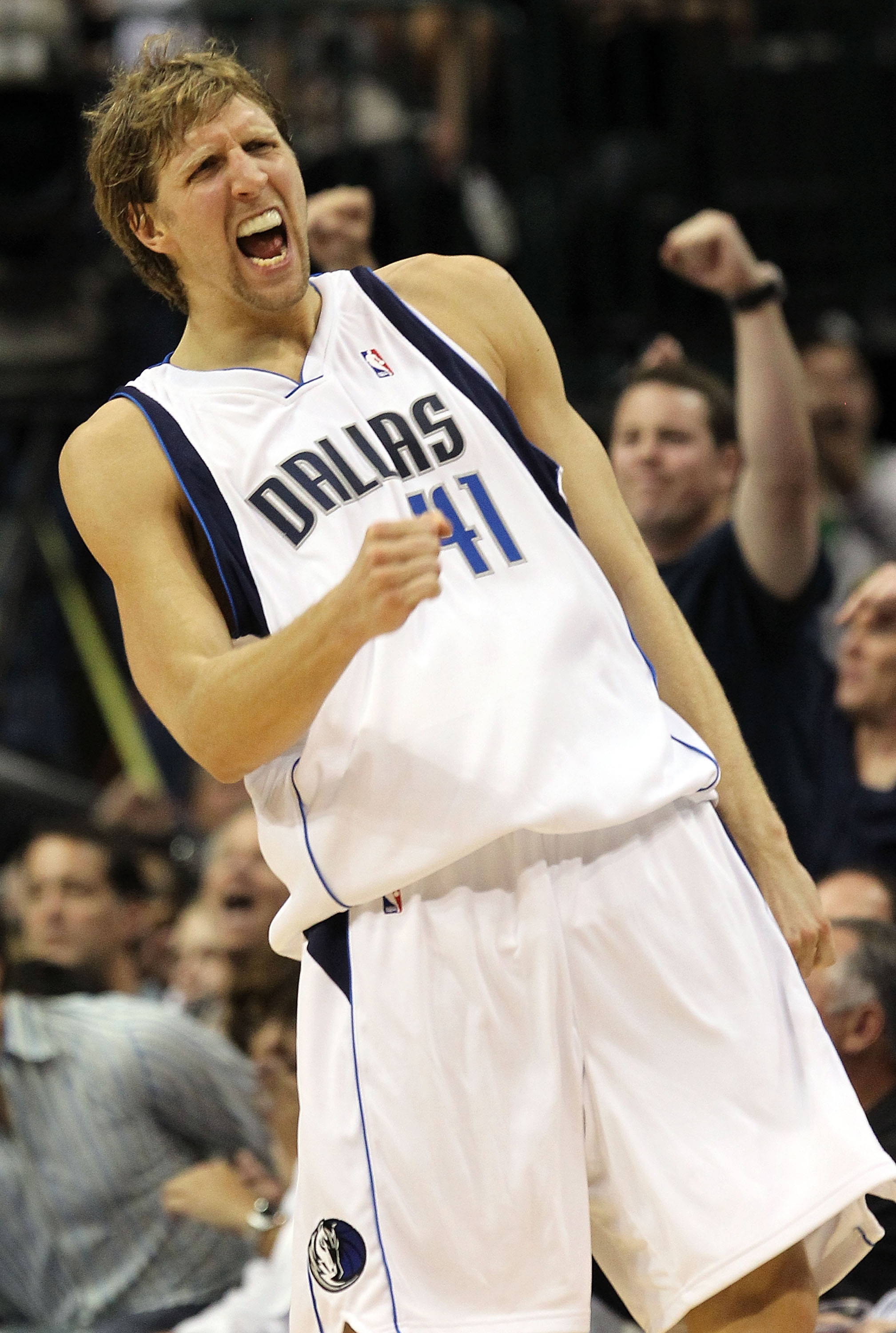DALLAS - APRIL 18:  Forward Dirk Nowitzki #41 of the Dallas Mavericks reacts during play against the San Antonio Spurs in Game One of the Western Conference Quarterfinals during the 2010 NBA Playoffs at American Airlines Center on April 18, 2010 in Dallas