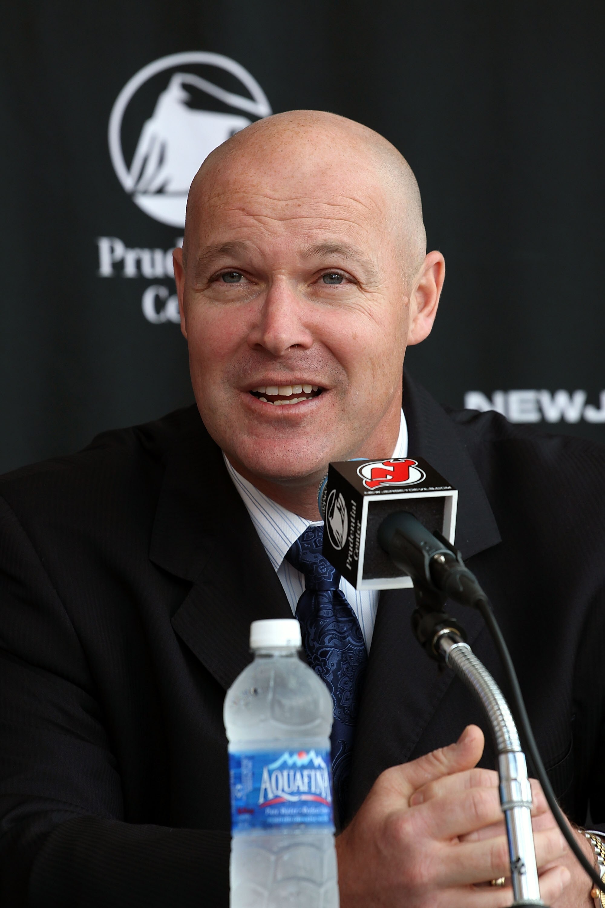 NEWARK, NJ - JUNE 17: John MacLean addresses the media at a press conference introducing him as the new head coach of the New Jersey Devils at the Prudential Center on June 17, 2010 in Newark, New Jersey. (Photo by Andy Marlin/Getty Images)