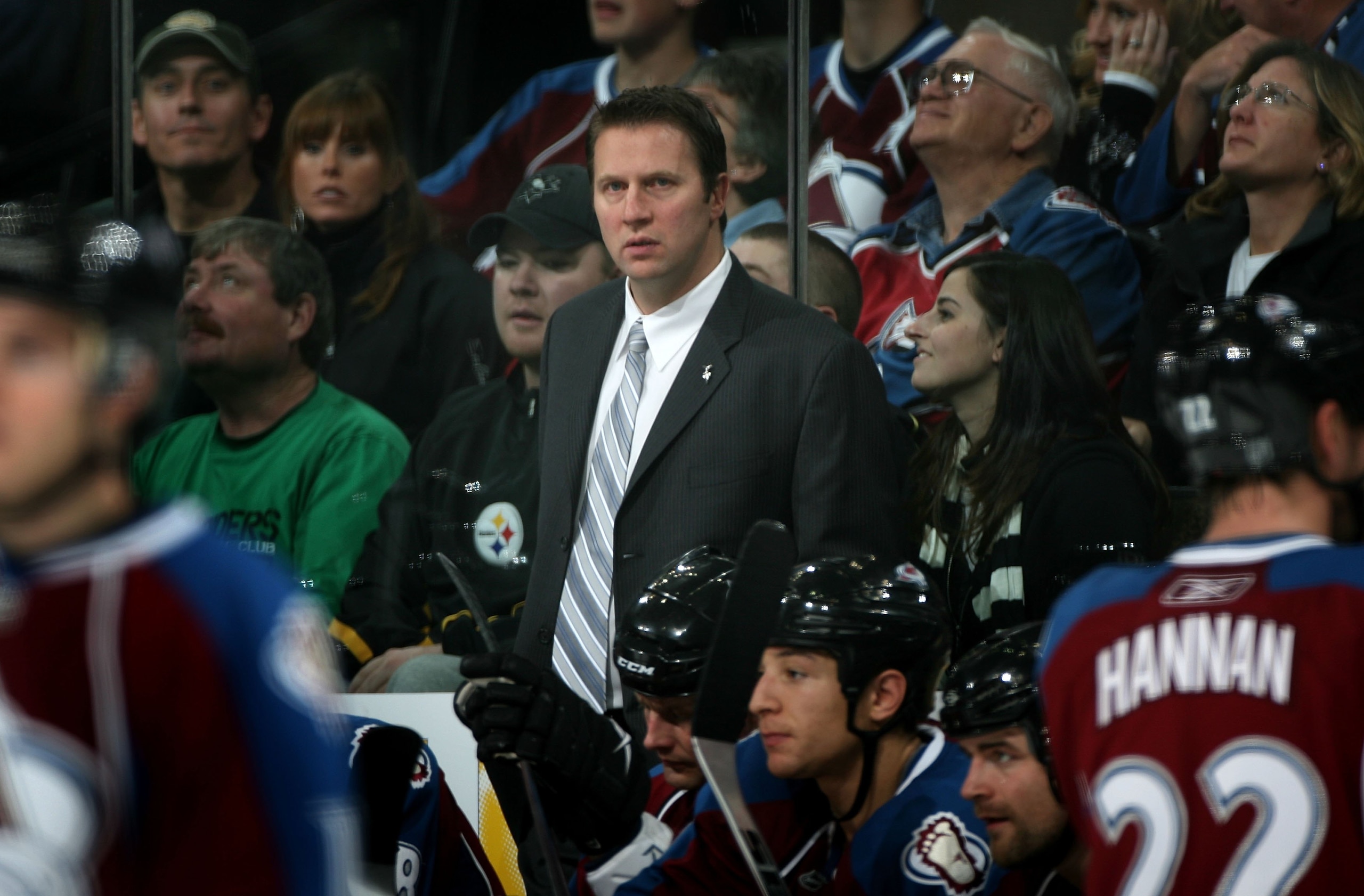 DENVER - NOVEMBER 08:  Head coach Joe Sacco of the Colorado Avalanche leads his team against the Edmonton Oilers during NHL action at the Pepsi Center on November 8, 2009 in Denver, Colorado. The Oilers defeated the Avalanche 5-3.  (Photo by Doug Pensinge