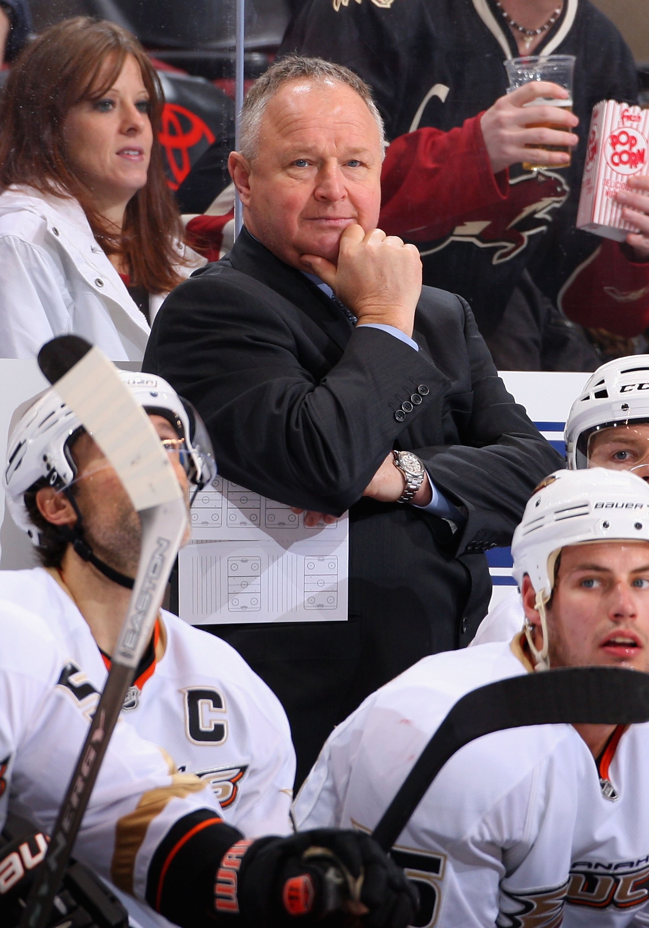 GLENDALE, AZ - DECEMBER 23:  Head coach Randy Carlyle of the Anaheim Ducks looks on from the bench during the NHL game against the Phoenix Coyotes at Jobing.com Arena on December 23, 2009 in Glendale, Arizona. The Coyotes defeated the Ducks 4-0.  (Photo b