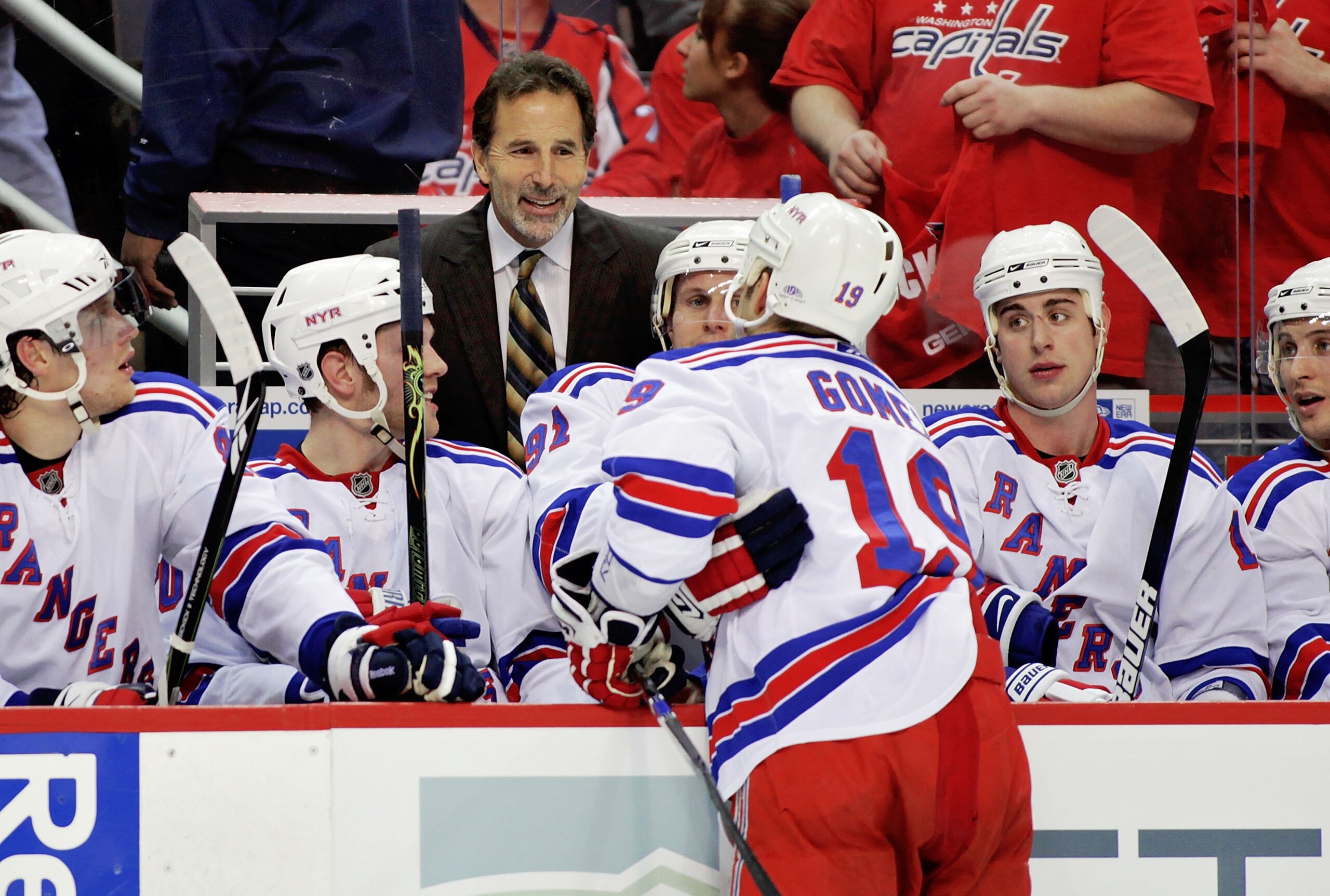 WASHINGTON - APRIL 15:  Head Coach John Tortorella of the New York Rangers discuses strategy during a stoppage of play against the Washington Capitals during Game One of the Eastern Conference Quarterfinals Round of the 2009 Stanley Cup Playoffs on April