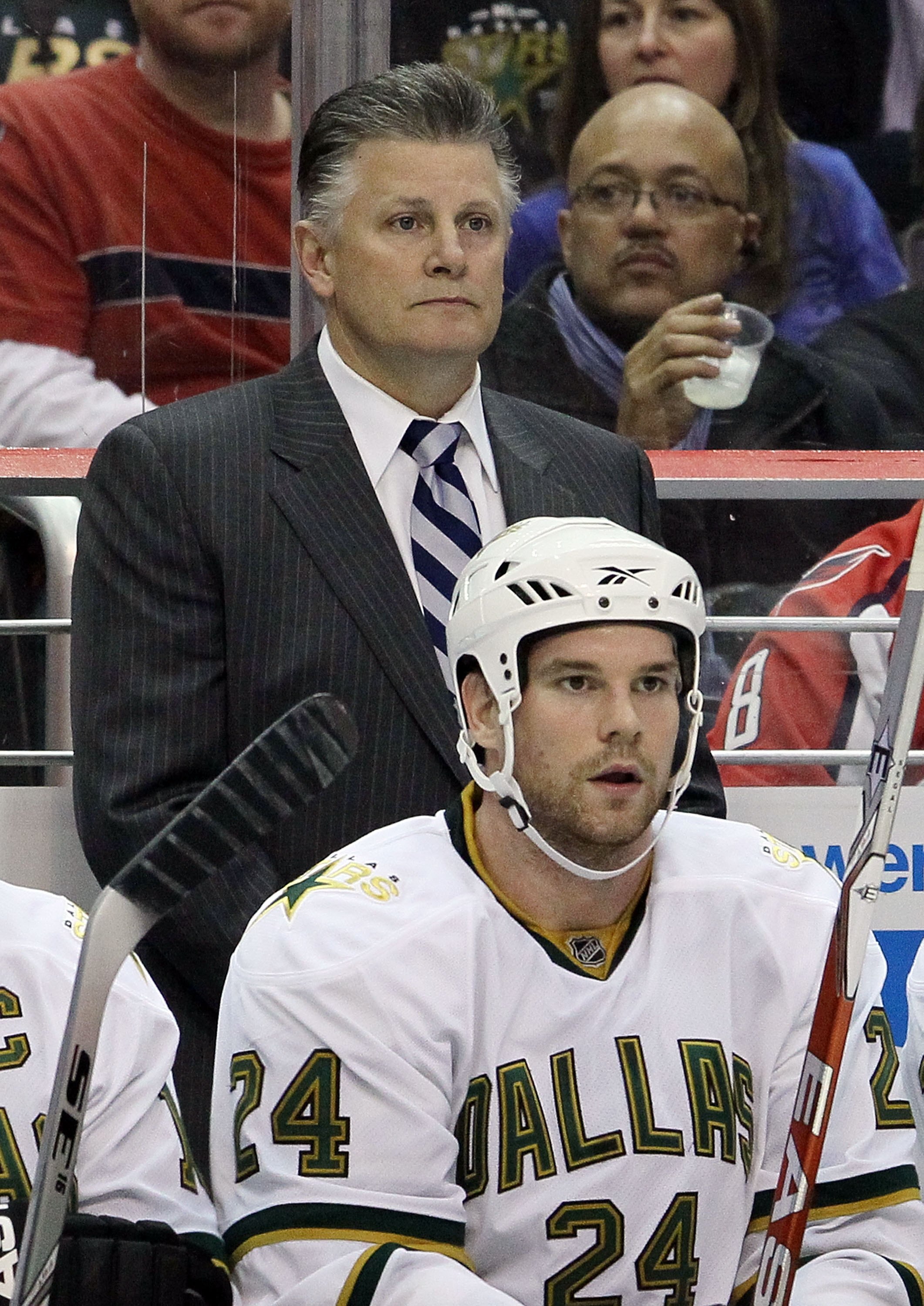WASHINGTON DC, DC - MARCH 08:  Head coach Marc Crawford of the Dallas Stars looks on against the Washington Capitals on March 8, 2010 at the Verizon Center in Washington, DC. The Stars defeated the Caps 4-3 after a shootout.  (Photo by Jim McIsaac/Getty I