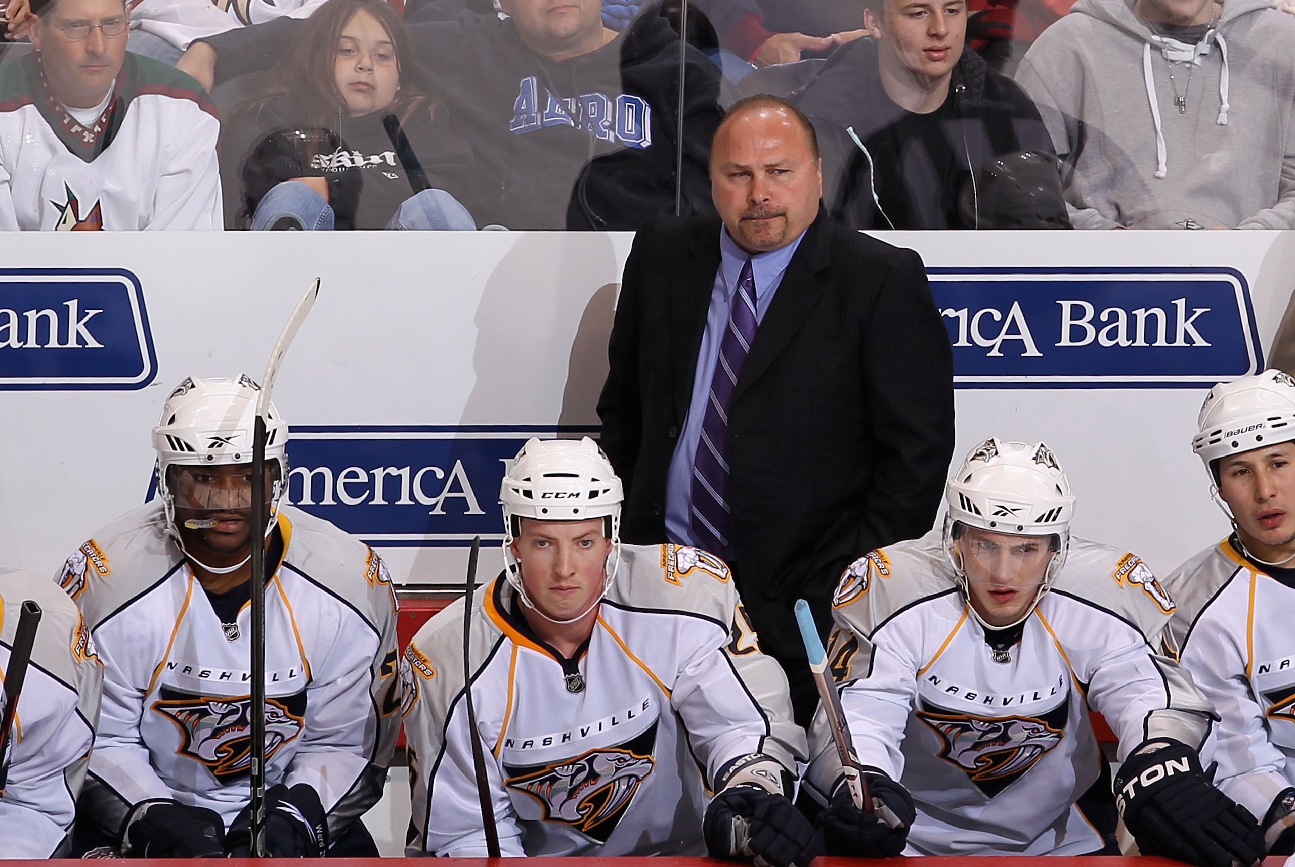 GLENDALE, AZ - APRIL 07:  Head coach Barry Trotz of the Nashville Predators during the NHL game against the Phoenix Coyotes at Jobing.com Arena on April 7, 2010 in Glendale, Arizona. The Coyotes defeated the Predators 5-2.  (Photo by Christian Petersen/Ge